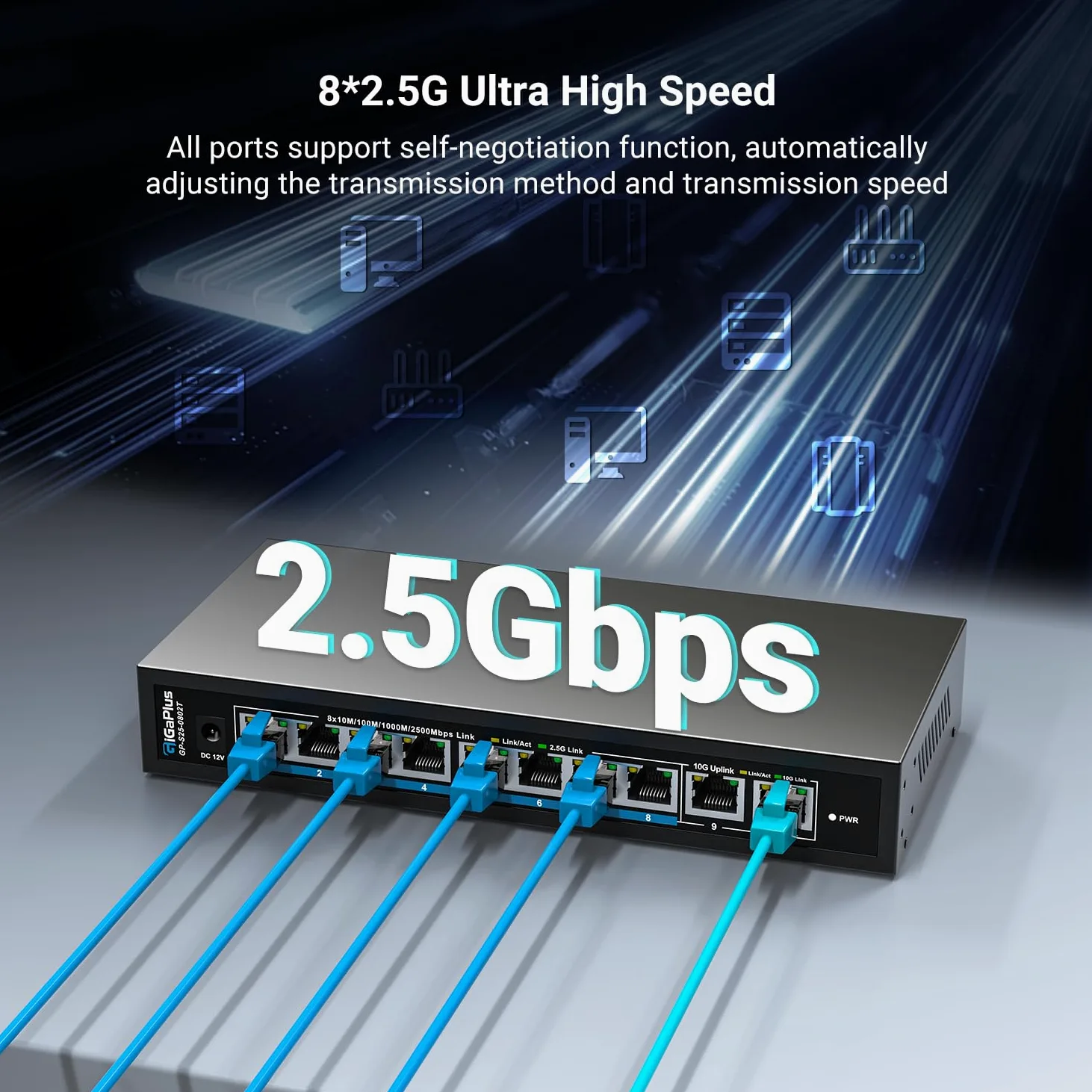 Switch Ethernet Non administrable 10 Ports 10Gb avec 8 Ports 2.5G Base-T et 2 Ports RJ45 10G. Capacité de Commutation de 80Gbit/s. Switch réseau GiGaPlus 10Gbit/s pour NAS/PC 2.5G/10Gbit/s