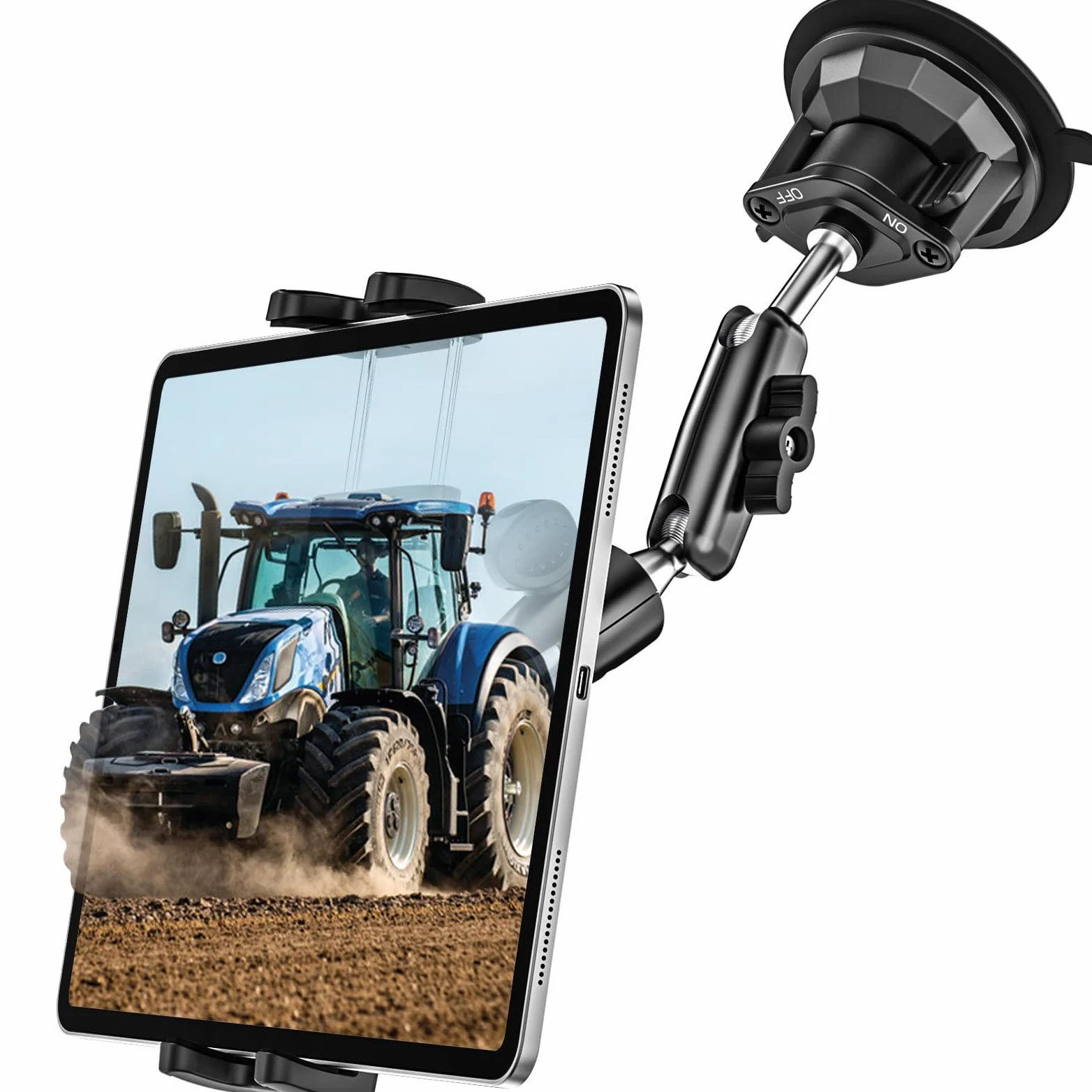 Support Tablette Pare-Brise Tracteur, Robuste Support Tablette Ventouse Tracteur Agricole, Bras Métallique Rotatif 360 degrés, Porte pour iPad Pro 12.9 11 Air Mini, Galaxy Tab, iPhone, 4 à 13"