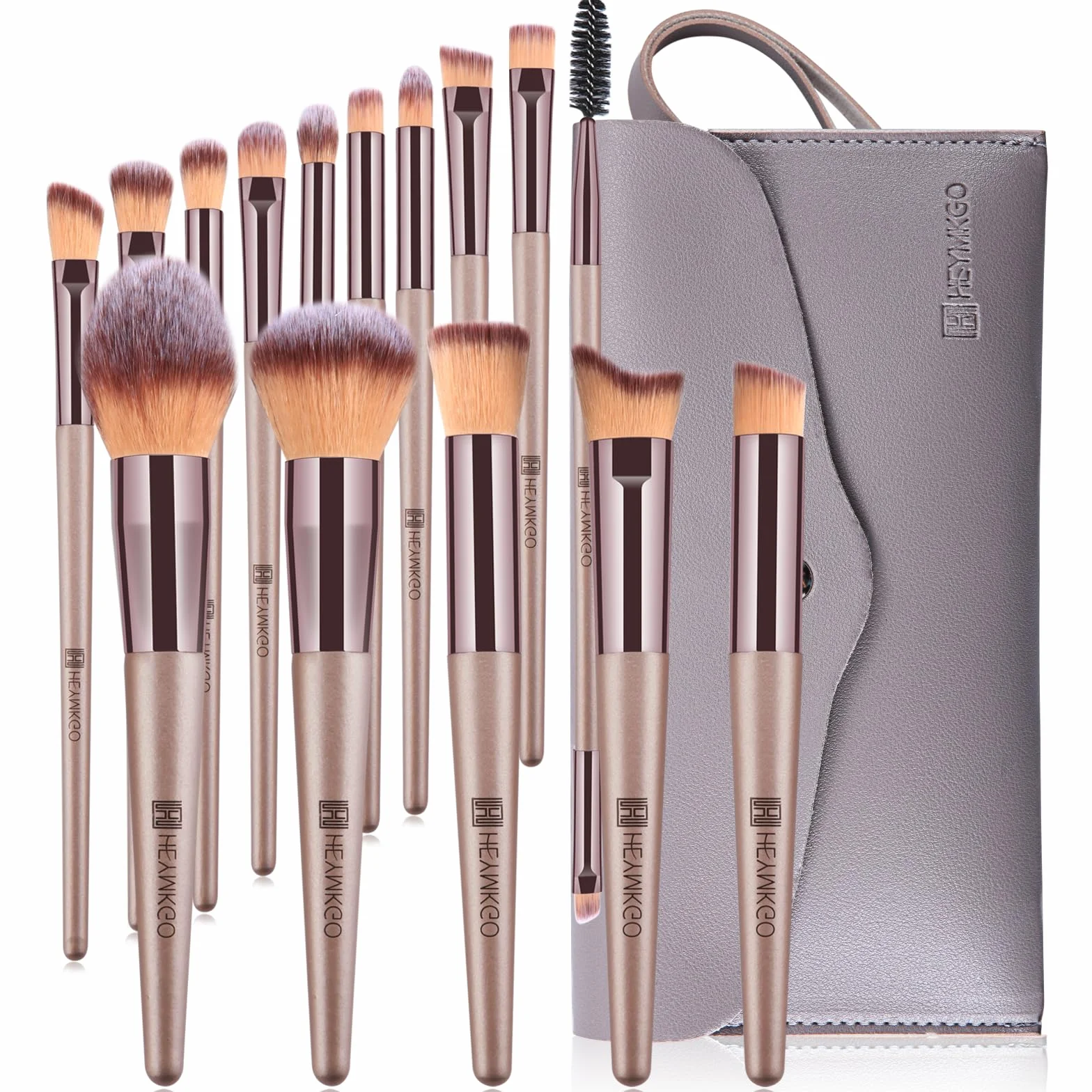 HEYMKGO Pinceaux Maquillages Lot de 15 Set Professionnel avec Trousse en Cuir PU Champagne Doré