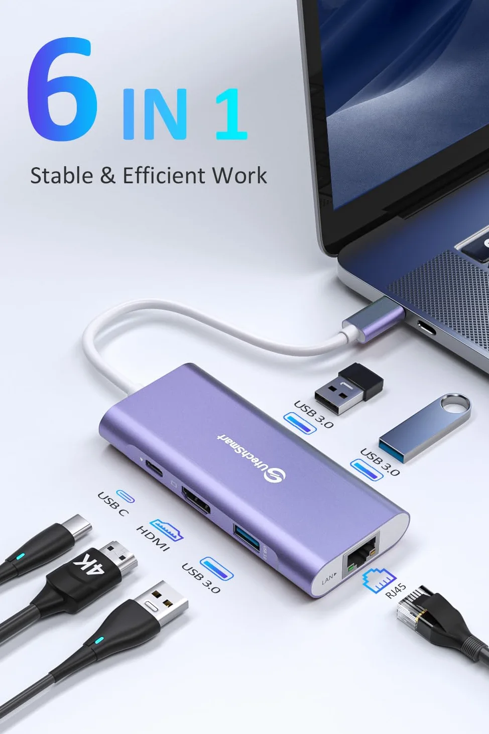 Hub USB C, UtechSmart 6 en 1 Adaptateur USB C vers HDMI avec 1000M Ethernet, Port de Charge PD 100W, 3 Ports USB 3.0 compatibles avec MacBook Pro, Chromebook et périphériques USB C (Violet)