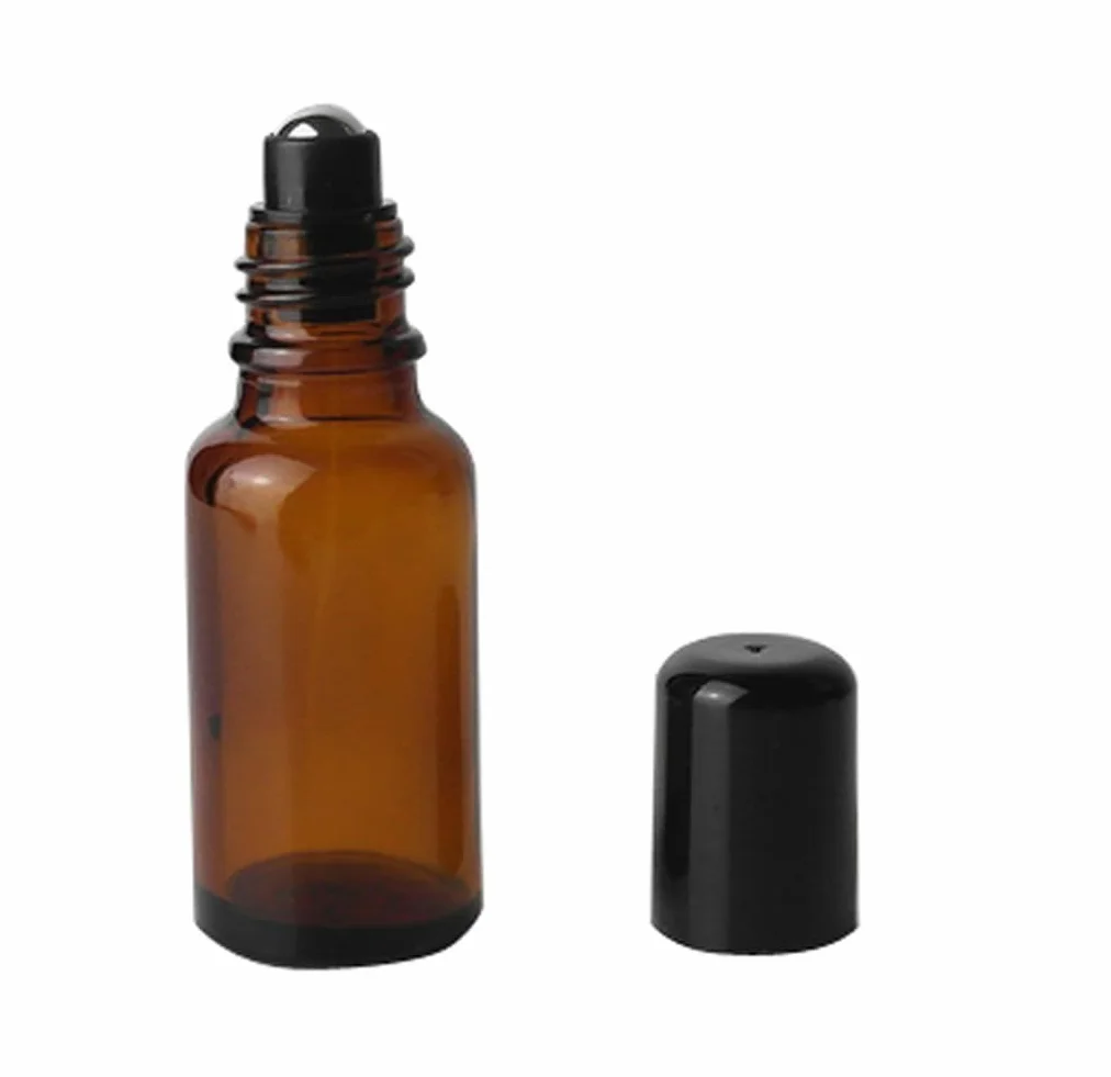 Rechargeable Parfum Roll-On Flacon Verre 20ml avec Bille en Acier Inoxydable et Capuchon Noir