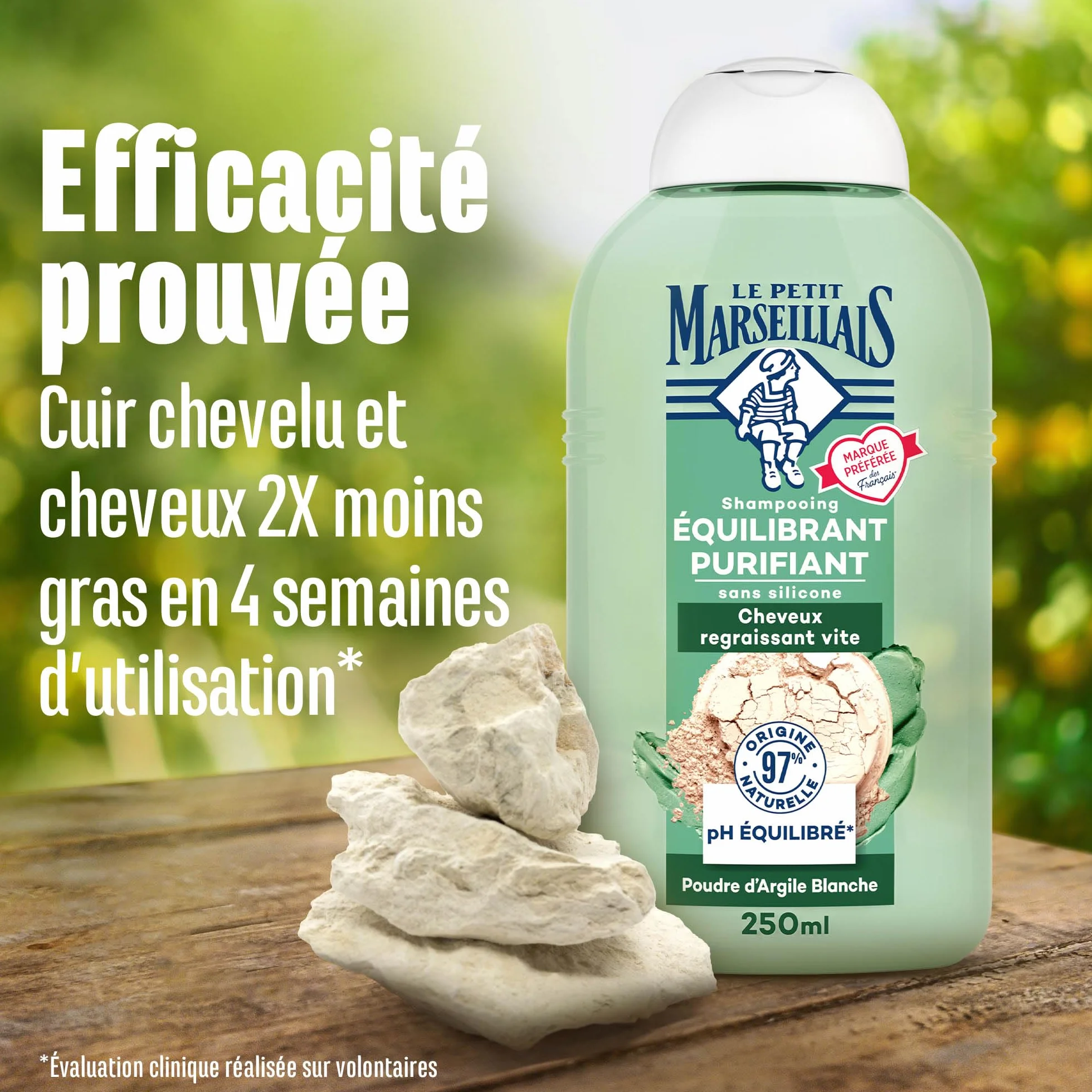 Le Petit Marseillais Shampooing Équilibrant Purifiant Poudre d'Argile Blanche 250 ml Shampoing sans silicone cheveux regraissant vite 97 % ingrédients naturelle