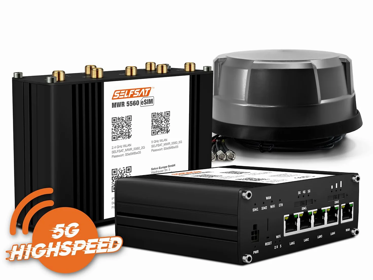 SELFSAT MWR 5560 eSIM 5G Cat 20 Routeur WLAN jusqu'à 3,4 Gbit/s avec antenne panoramique Noir