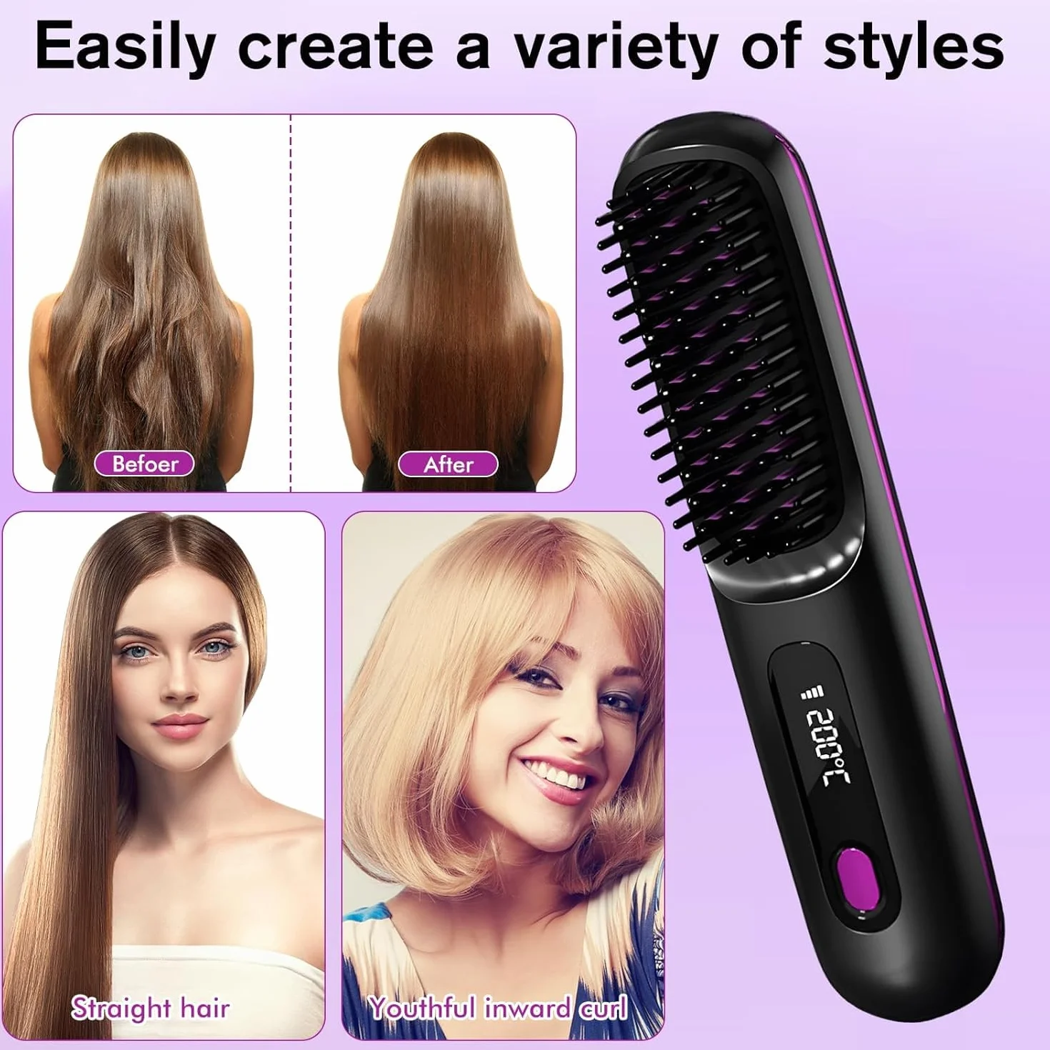 Brosse coiffante électrique sans fil pour cheveux courts, lissante avec affichage LED, 3 niveaux de température