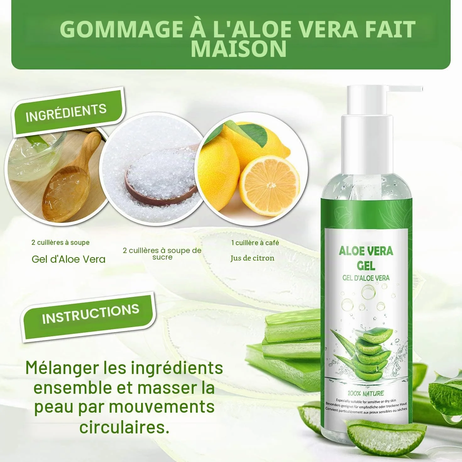 Gel d'aloe vera 100 % pur - Crème hydratante naturelle pour le visage, les cheveux, le corps