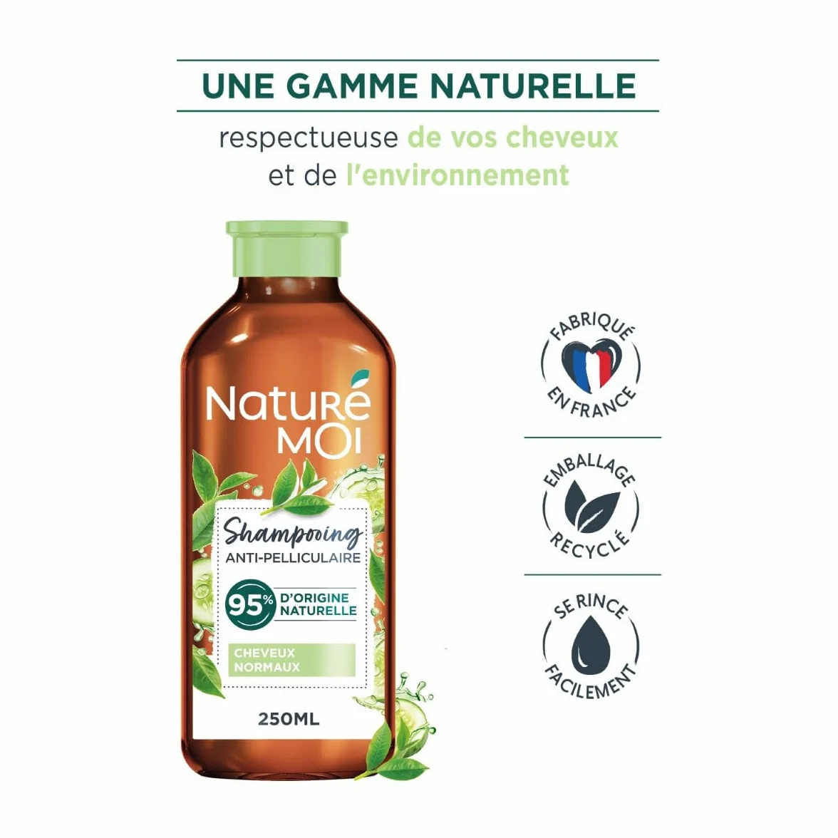 Naturé Moi Shampooing Antipelliculaire Sans Sulfate 250 ml Thé Eau de Concombre Bio 95% d'Origine Naturelle Fabriqué en France