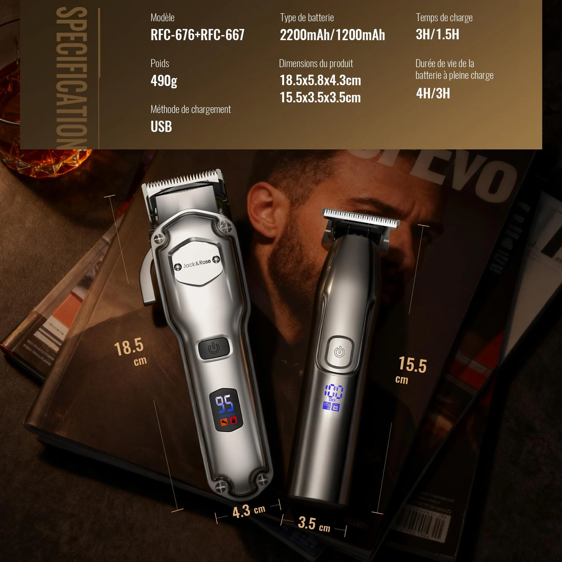 Tondeuse à cheveux professionnelle T-lames Trimmer Set IPX7 étanche
