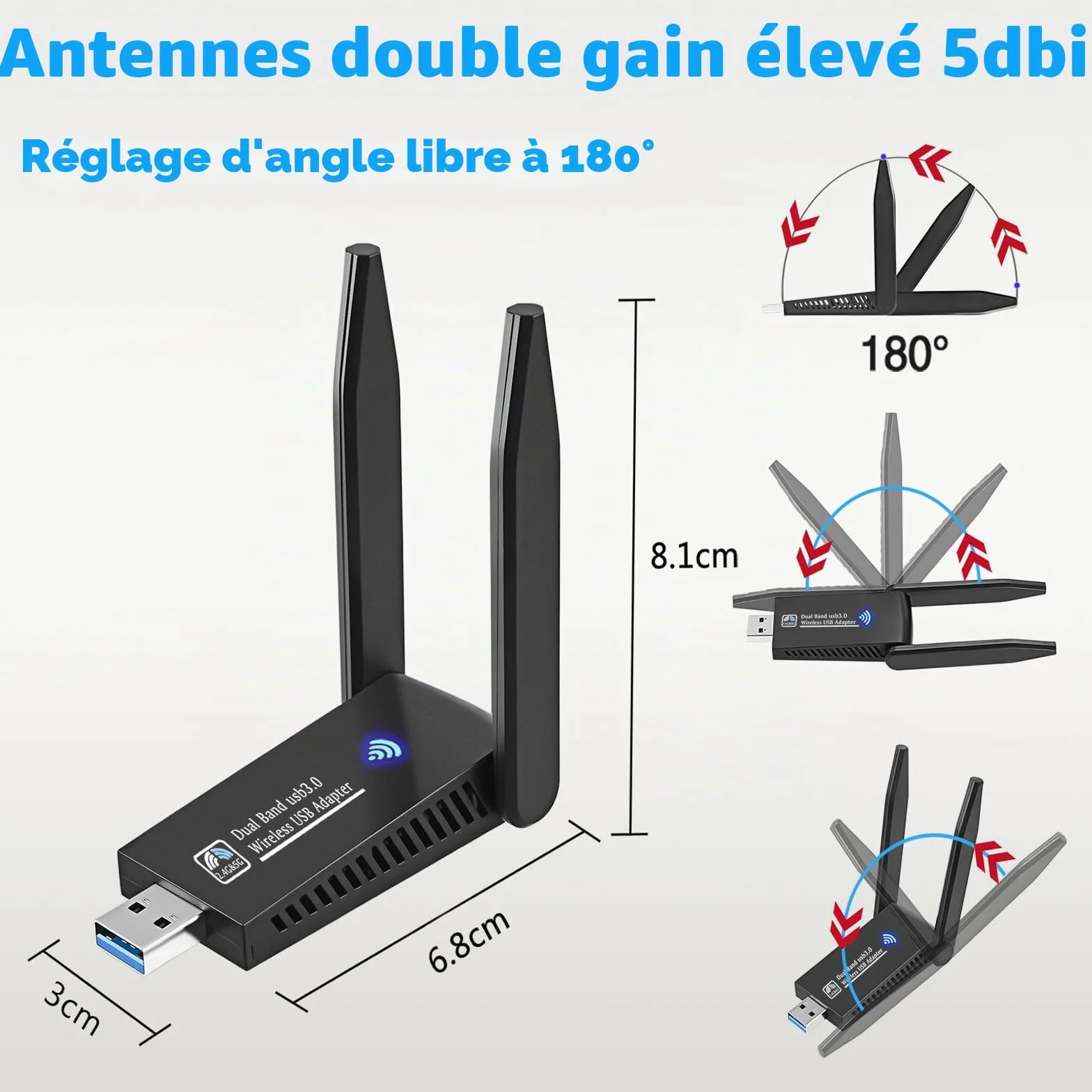 AC1300 WiFi USB 3.0 Double Bande 2.4G 5GHz MU-MIMO Clé WiFi Carte WiFi Antenne 5dBi