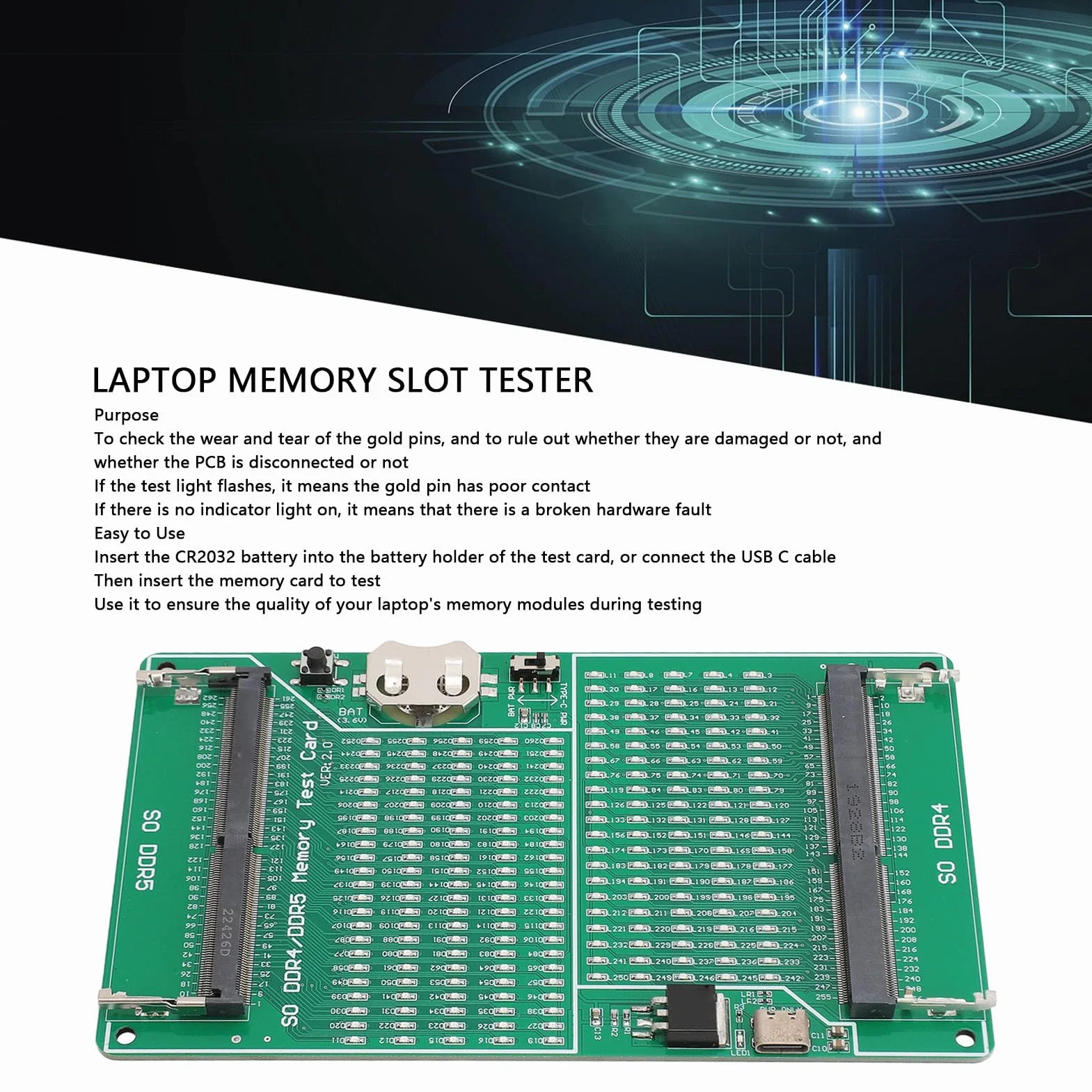 Testeur de Mémoire DDR4 DDR5 2 en 1 Carte de Test avec Indicateur LED pour Ordinateur Portable