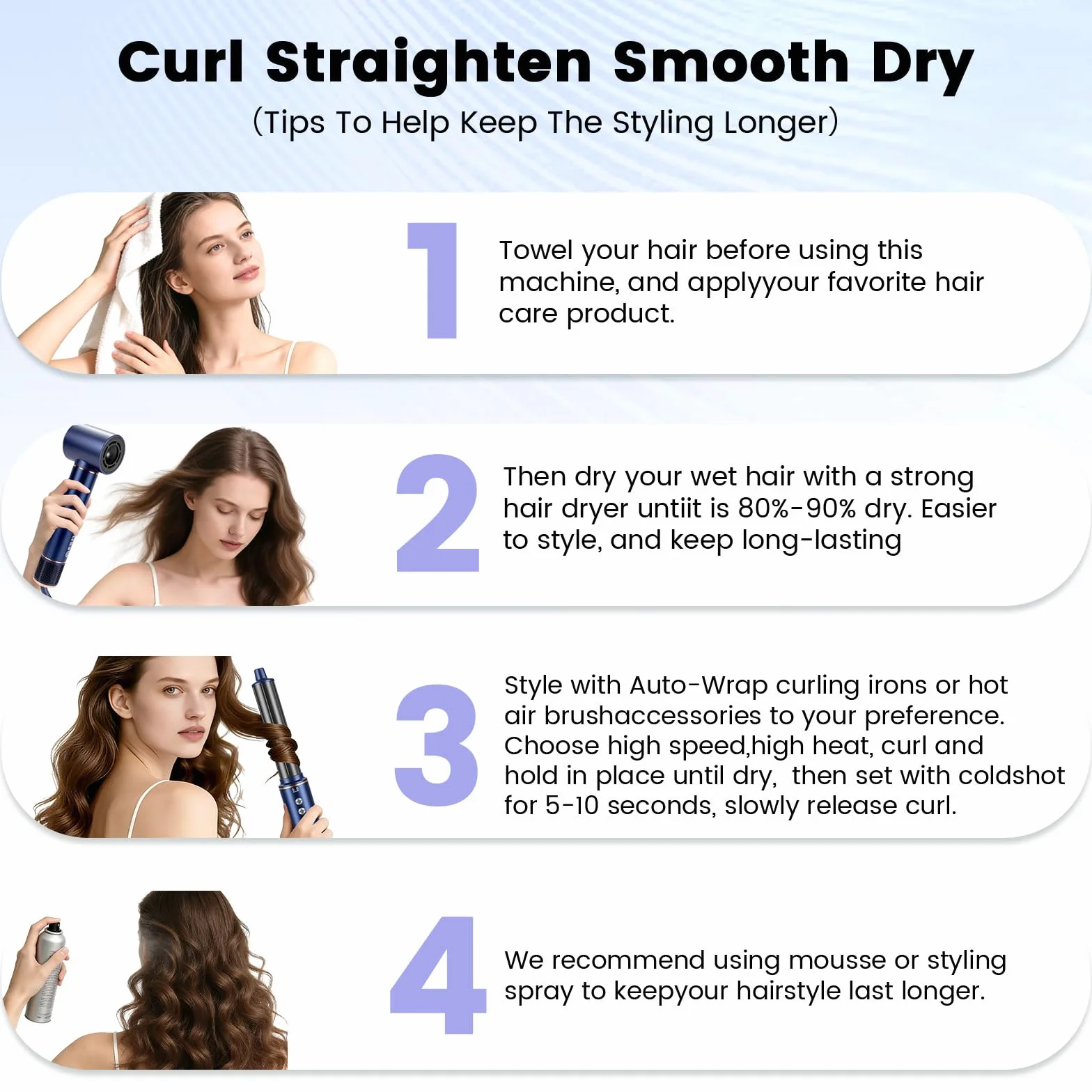 Air Brush 5 en 1 Hair Styler 1400W Seche Cheveux Brosse Lissante Fer a Boucler Bleu