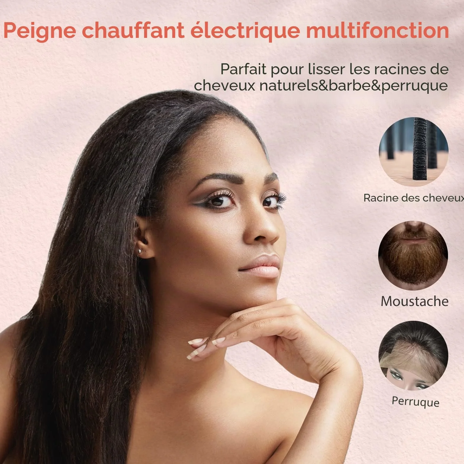 Peigne Chauffant pour Perruques, Lisse Cheveux Afro et Barbe, Température Réglable, Double Tension