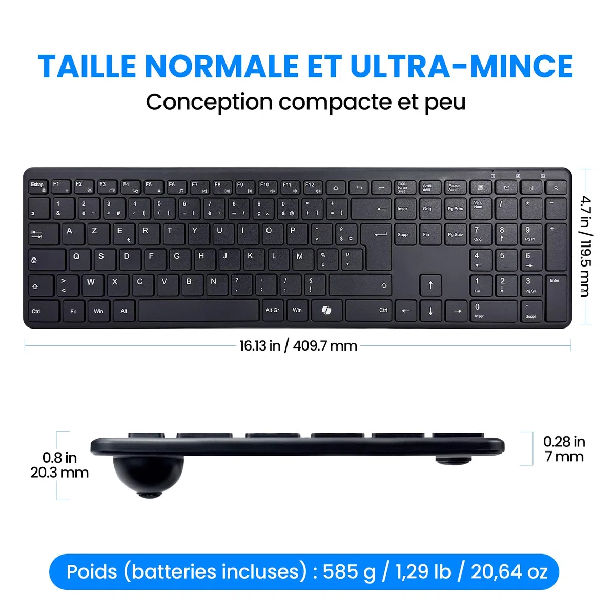 INFINMIND Clavier Sans Fil AZERTY, Ultra-Mince Clavier Silencieux Sans Fil avec 2,4 G USB Récepteur /Type-C,19 Raccourcis Multimédia Numérique Pavé Longue Batterie Autonomie pour Desktop,MAC,Windows