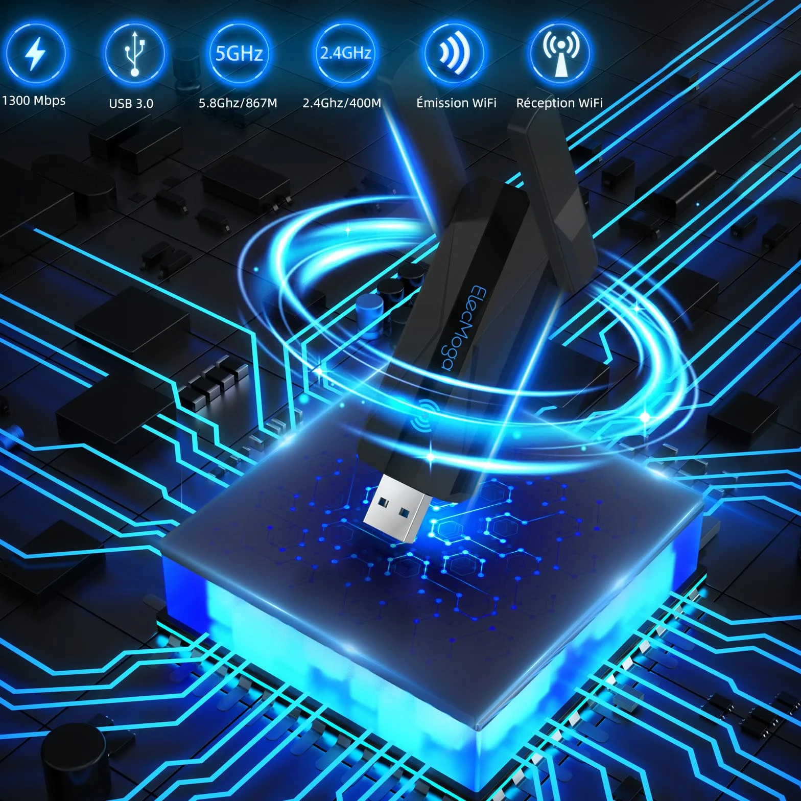 ElecMoga Adaptateur WiFi USB 3.0 AC1300 Mbps Double Bande 2.4GHz/5GHz 5dBi pour PC Windows Mac