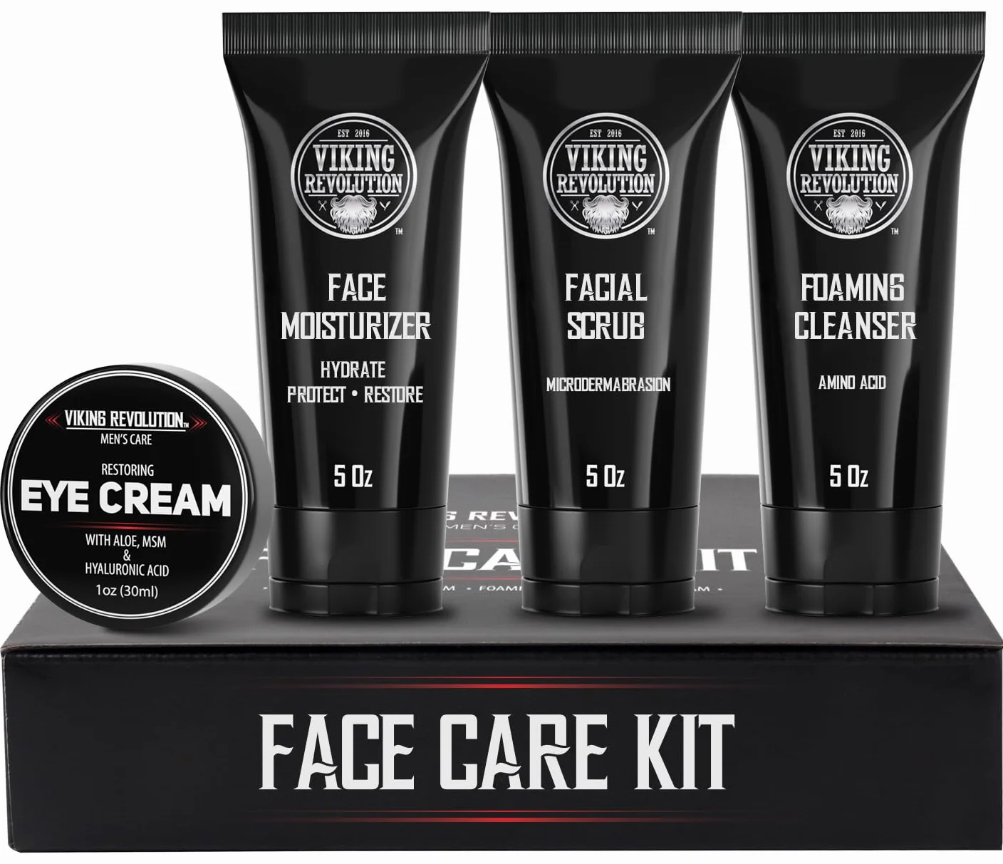 Viking Revolution Coffret Soin Visage Homme Crème Hydratante Gommage Exfoliant Nettoyant Visage Crème Yeux Cadeau Homme