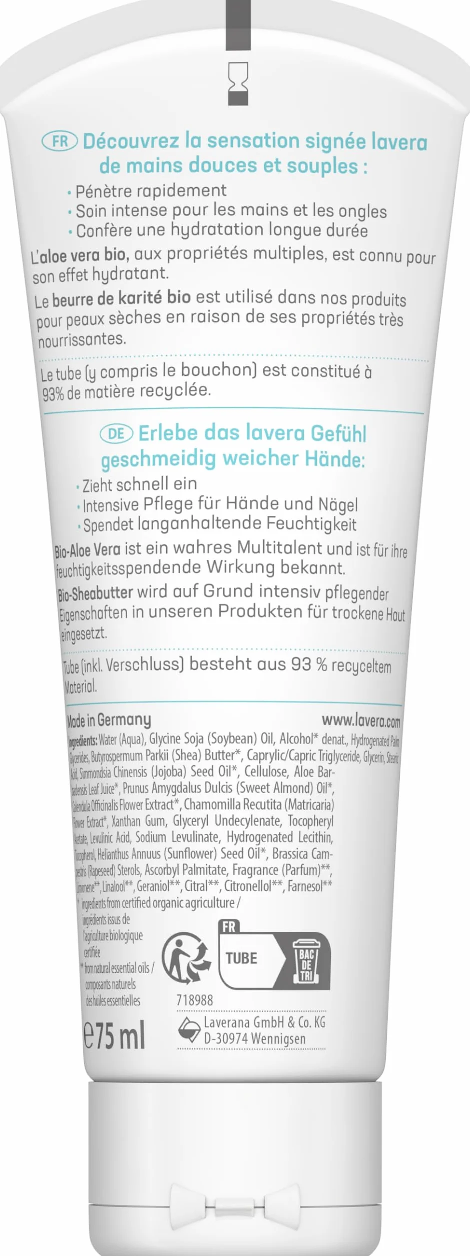Lavera Naturkosmetik Crème Mains Réparatrice ALOE VERA BIO Beurre de Karité BIO 75ml