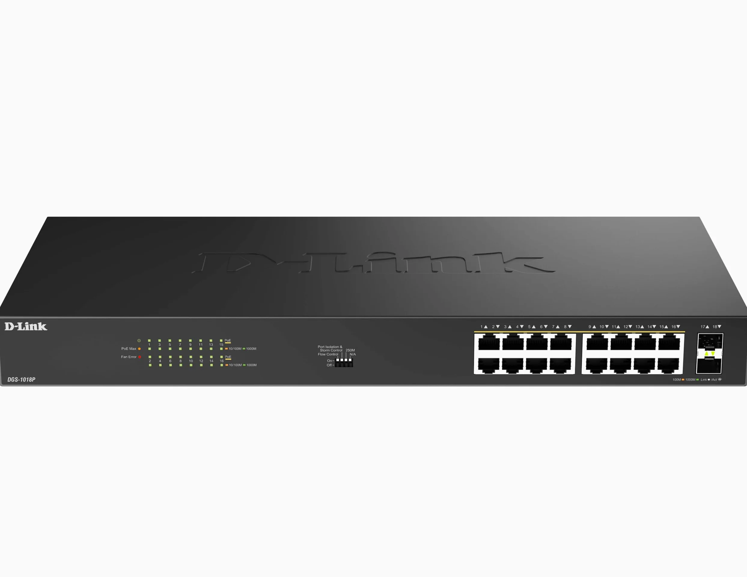 D-Link DGS-1018P Switch Gigabit PoE Non Administré 18 Ports – 16 Ports PoE+ (240W), 2 Uplinks SFP, Plug-and-Play, Boîtier Métallique Ventilé, Rackable, IEEE 802.3af/at, Écoénergétique