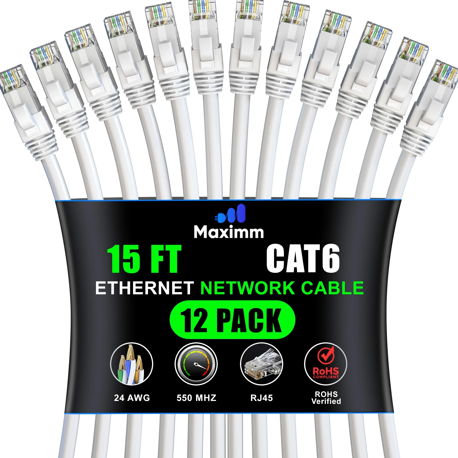Maximm Câble Ethernet CAT6 - 15FT - Pack de 12 - LAN - CAT 6 - RJ45 - Réseau, Patch - Internet - 4,6m - Blanc