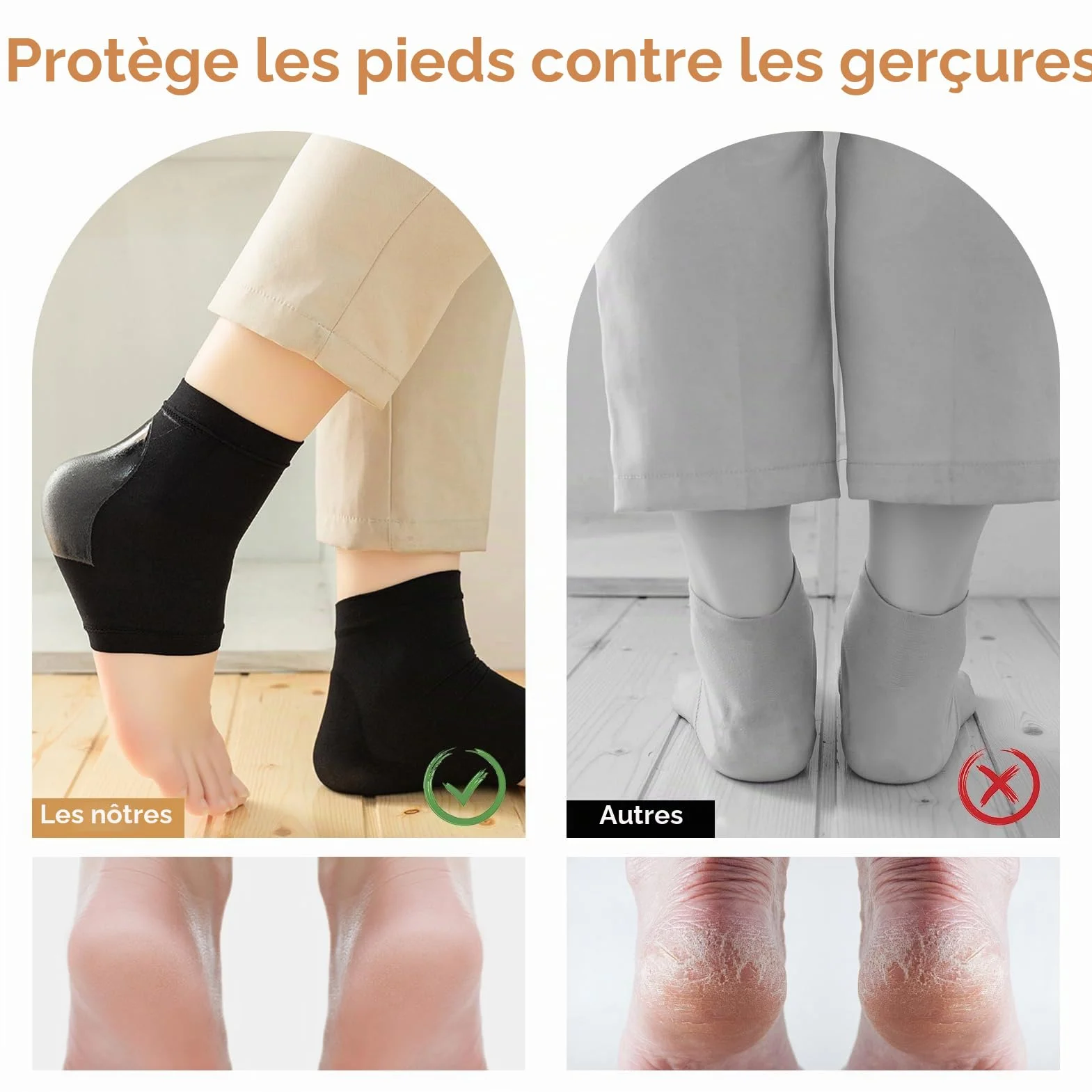 Chaussettes de talon en silicone souple, 2 paires ventilées avec coussinets et protège-talon