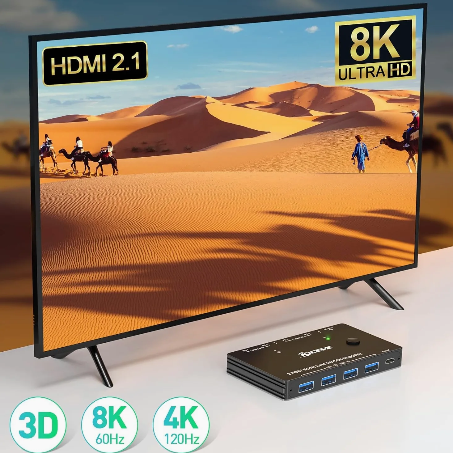 KCEVE 8K USB 3.0 Commutateur KVM HDMI Commutateur KVM 2 Ports Supporte une résolution de 7680 * 4320@60Hz, 3840 * 2160 @ 120Hz pour 2 Ordinateurs, la Souris, Clavier et Moniteur