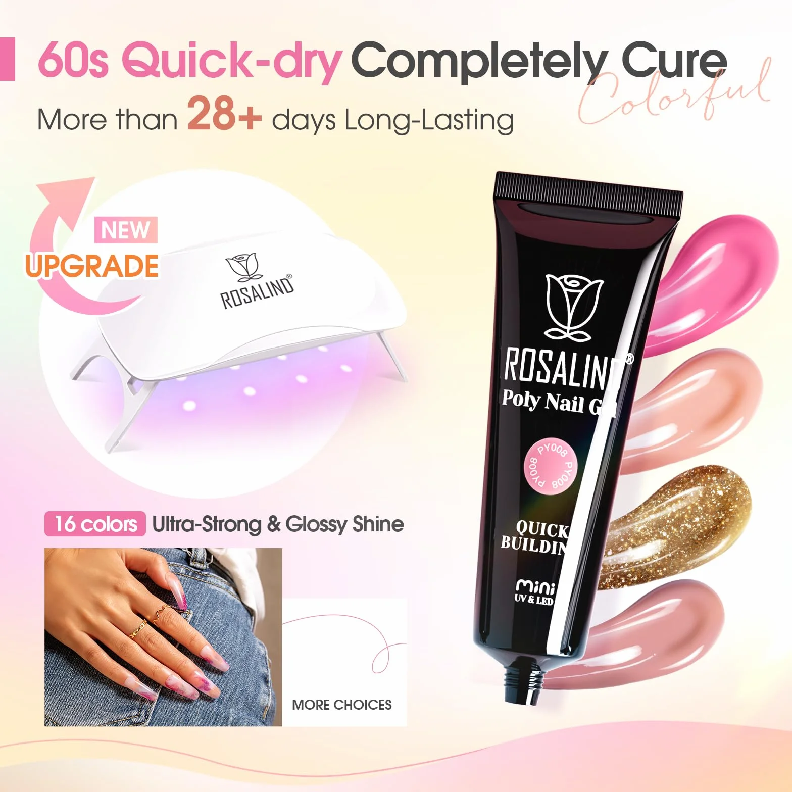ROSALIND Acrygel Kit Complet Gel Extension d'Ongle 16 Couleurs 10 ml Lampe UV Base Top Coat Outils Manucure