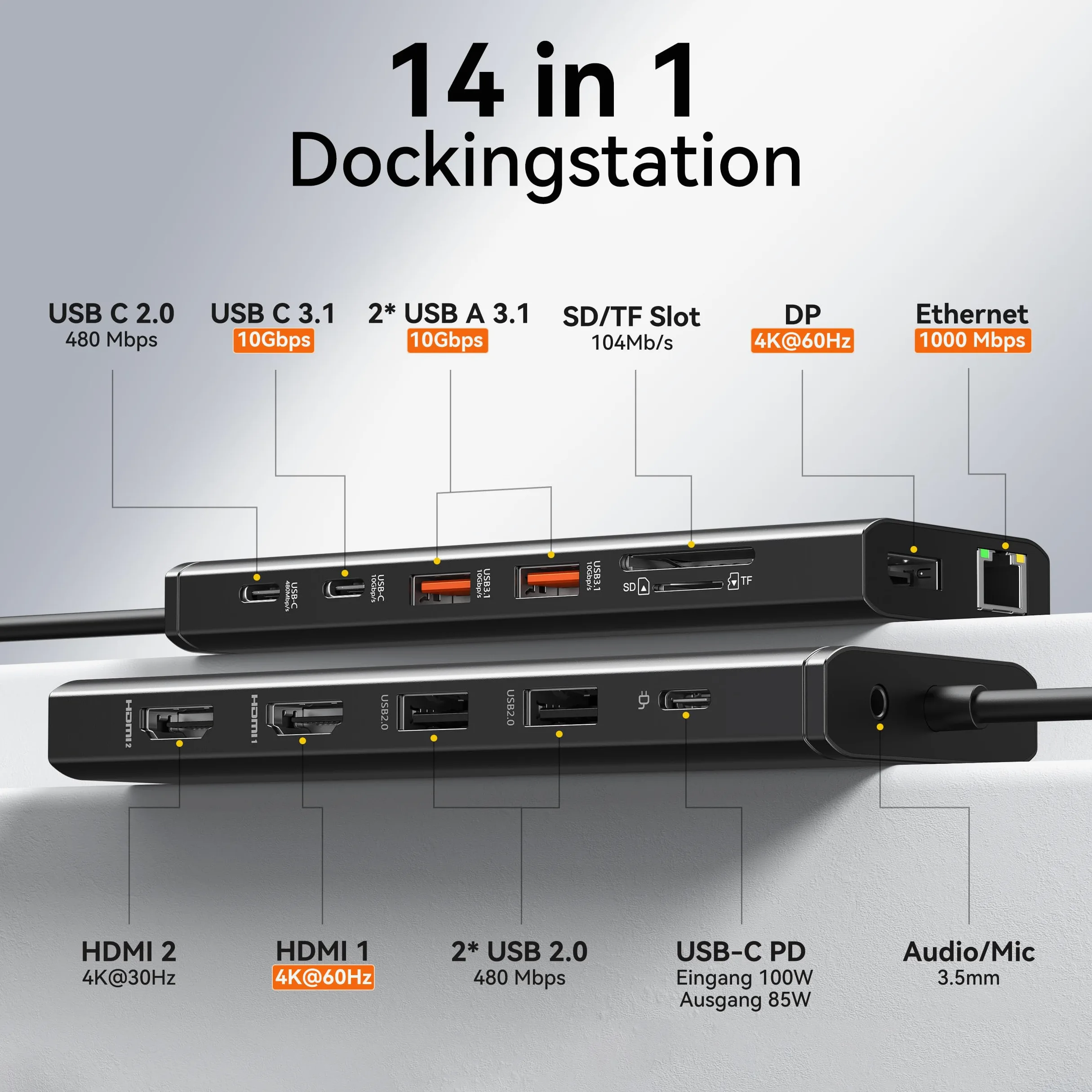 Station d'accueil pour ordinateur portable 2 moniteurs, station d'accueil 14 en 1 triple écran | Adaptateur hub USB C avec deux HDMI, DisplayPort, Ethernet, PD, 10 Gbps USB C/A, fente pour carte SD TF, audio
