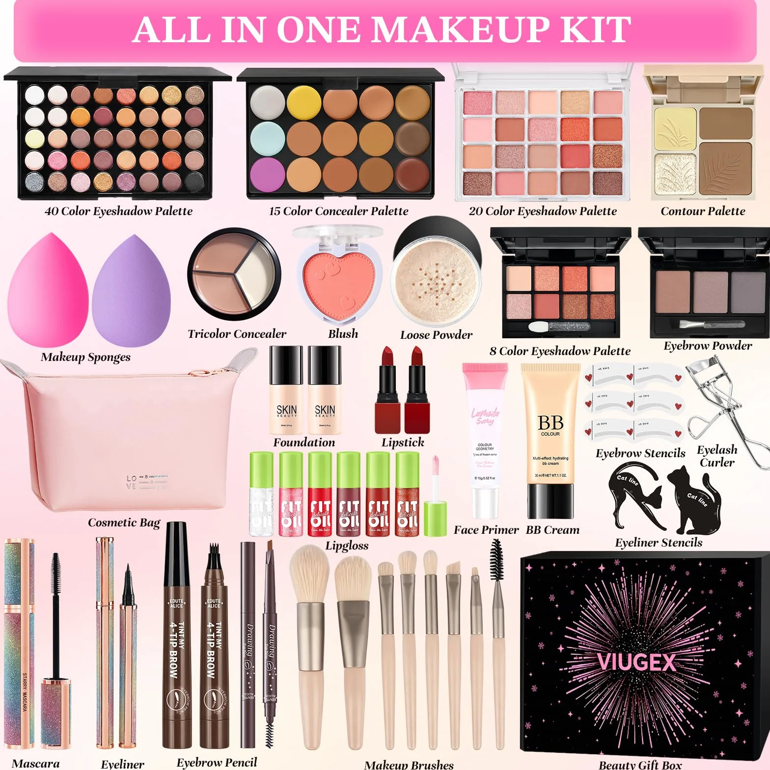 Coffret Maquillage Femme Kit Complet Ombres Paupière Fond de Teint Correcteur Blush Rouge à Lèvre Mascara Eyeliner Pinceaux