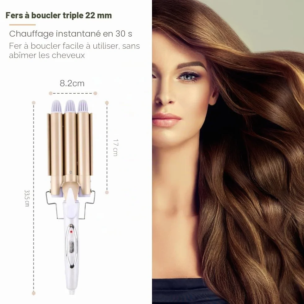 Reyke Boucleur à cheveux 3 barils 22 mm température réglable chauffage rapide grandes ondulations