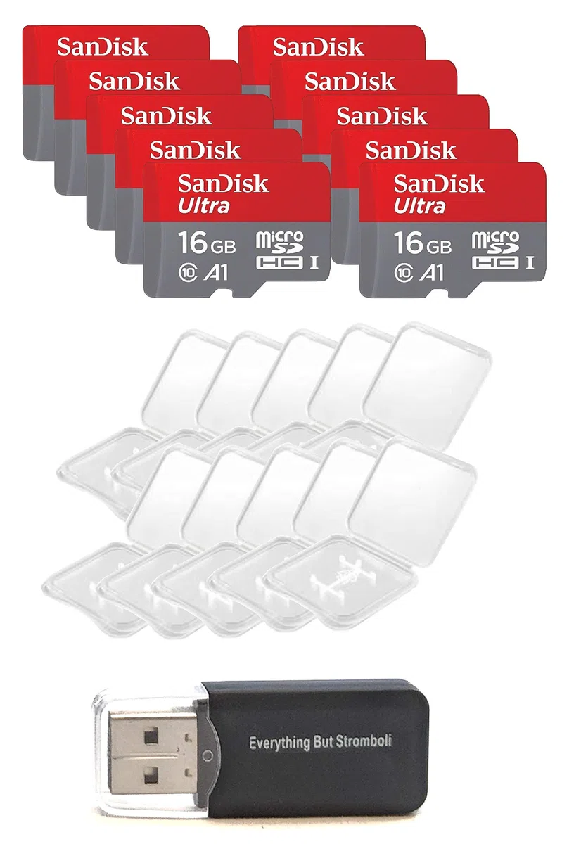 10 Pack - SanDisk Ultra 16GB Micro SD SDHC Memory Flash Card UHS-I Class 10 SDSQUAR-016G-GN6MA Wholesale Lot with 10 Plastic Jewel Cases and (1) Everything But Stromboli (TM) Card Reader