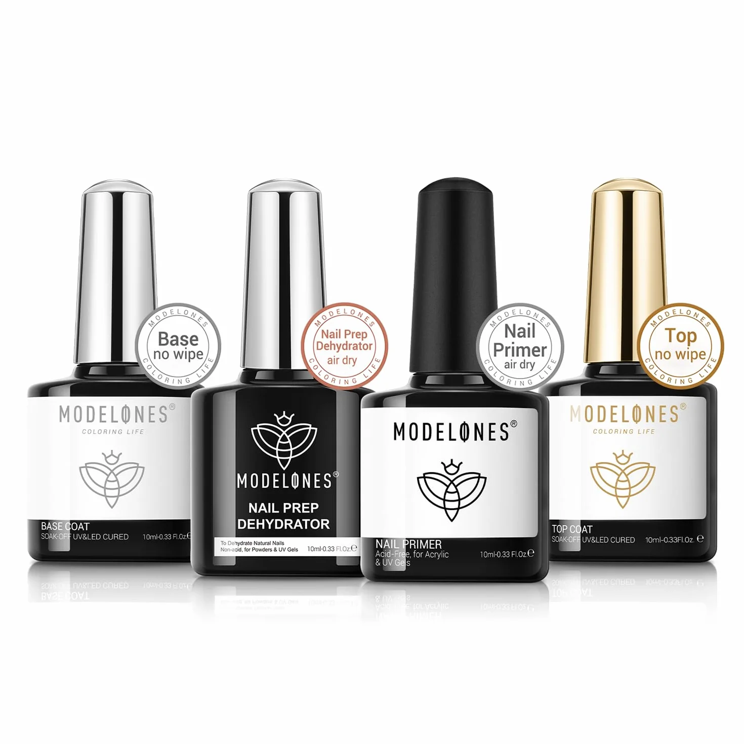 Modelones Base et Top Coat Vernis Semi Permanent Kit UV Gel Ongle 10 ml 4pcs