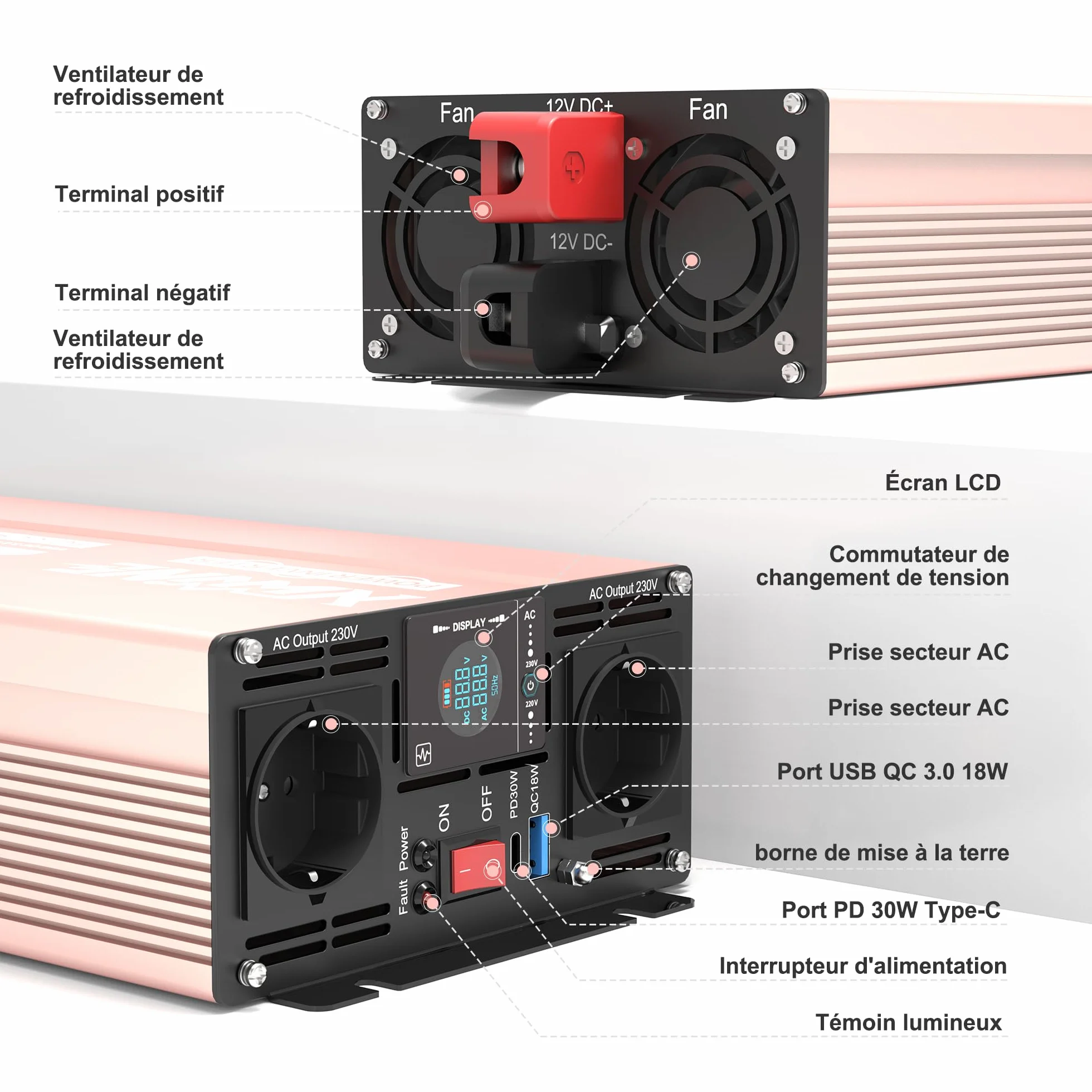 Convertisseur 12V 220V Pur Sinus 2000W Onduleur avec Prises EU, USB-A, USB-C, Écran LCD, Télécommande