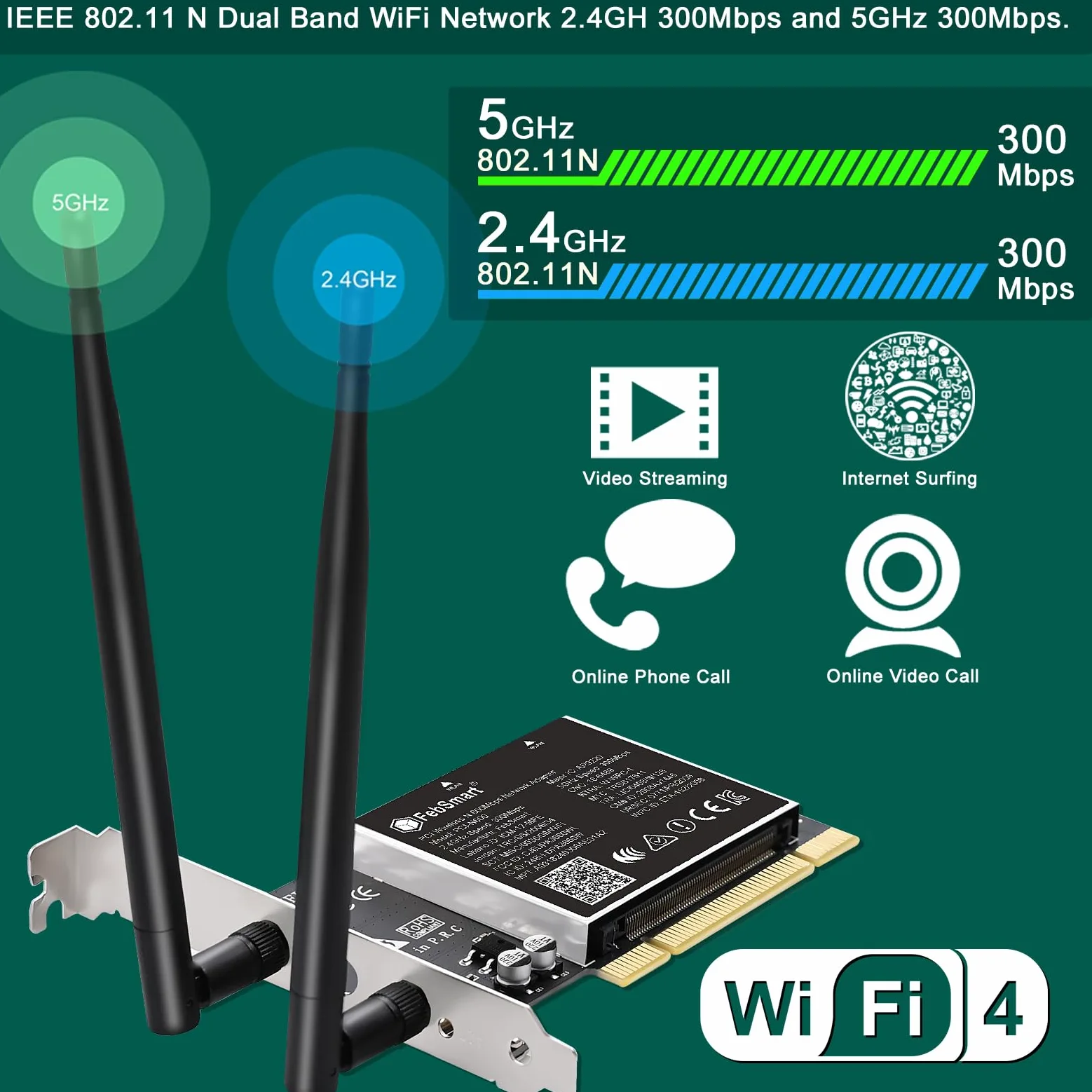 Wireless N Dual Band 600Mbps (2.4GHz 300Mbps or 5GHz 300Mbps) PCI WiFi Adaptateur pour Windows 11, 10, 8.x, 7, XP (32/64bit) et Windows Server PC de bureau, interface PCI WiFi carte (PCI-N600
