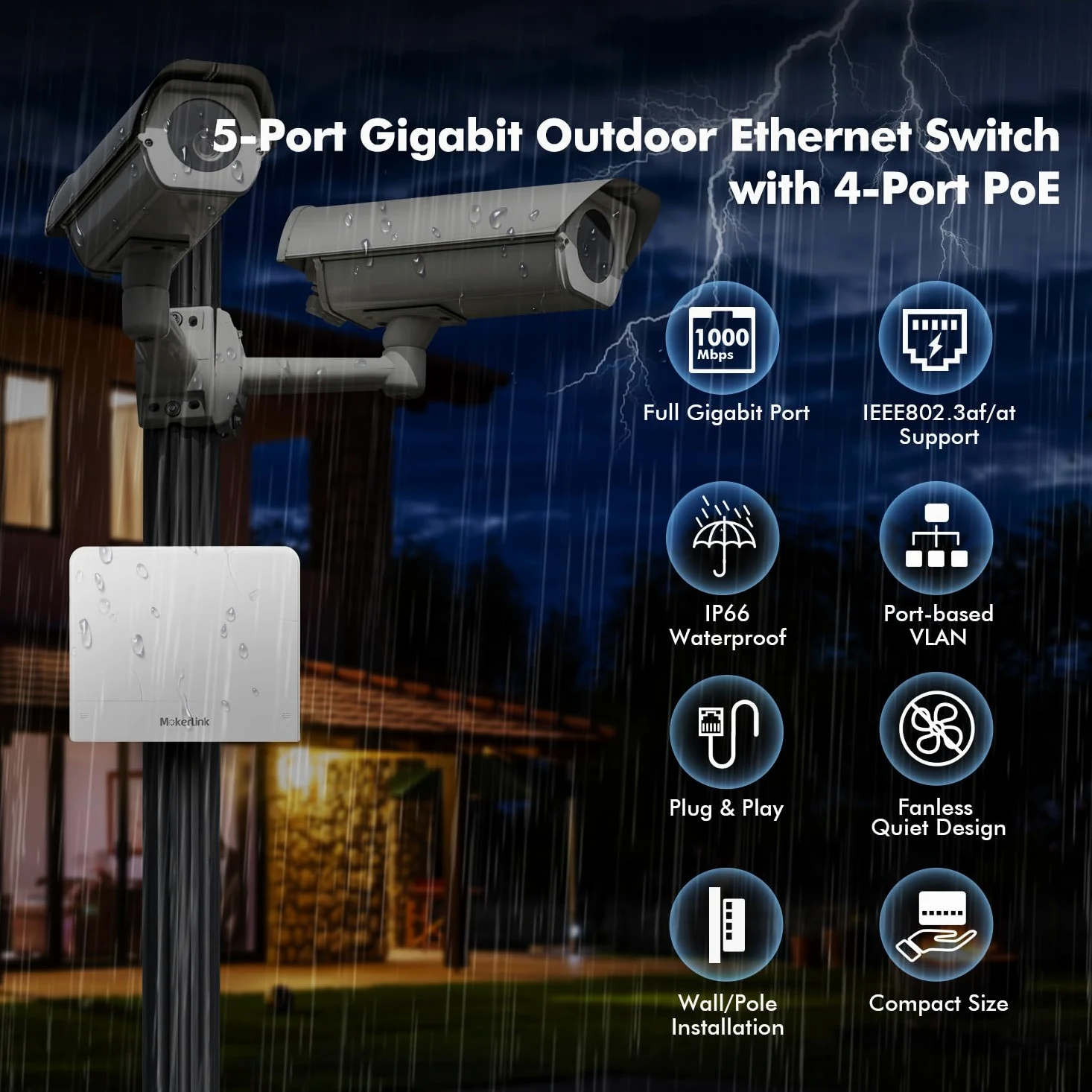 MokerLink 5 Port Outdoor Gigabit POE Switch, with 4 POE+ Ports 1000Mbps, 78W IEEE802.3af/at, Weatherproof Unmanaged Plug and Play Fanless Switch