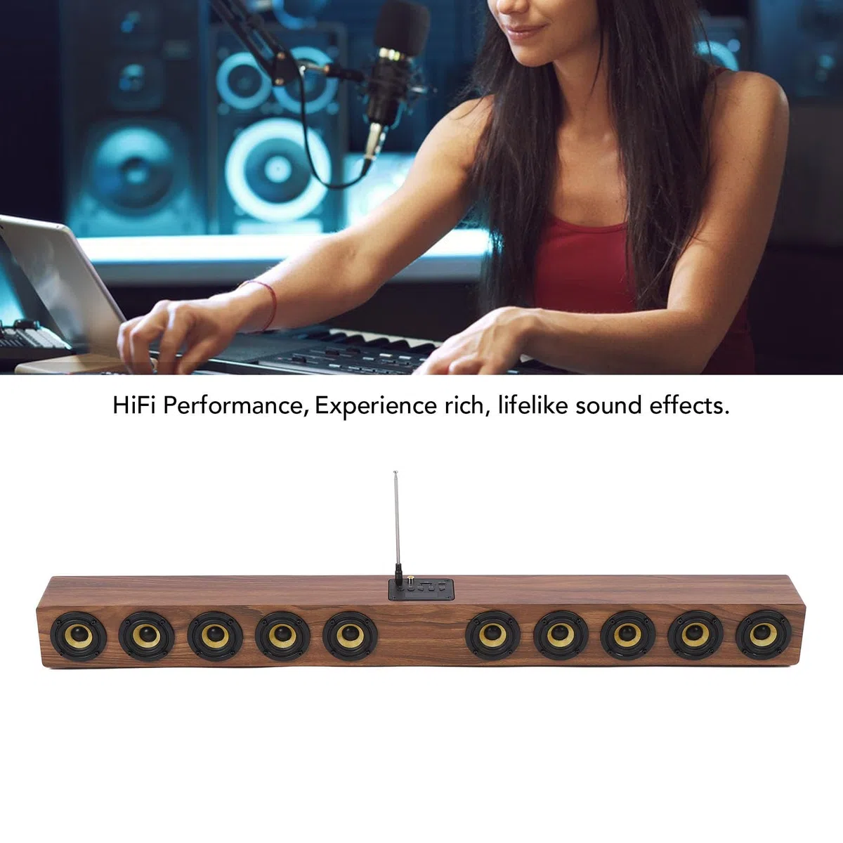 Barre de Son sans Fil, Son Surround HiFi 360°, Haut-parleurs D'ordinateur en Bois avec Bluetooth 5.3, Connexion USB AUX, 50 W, 88 Cm, Barre de Son Home Cinéma pour Téléviseur, PC