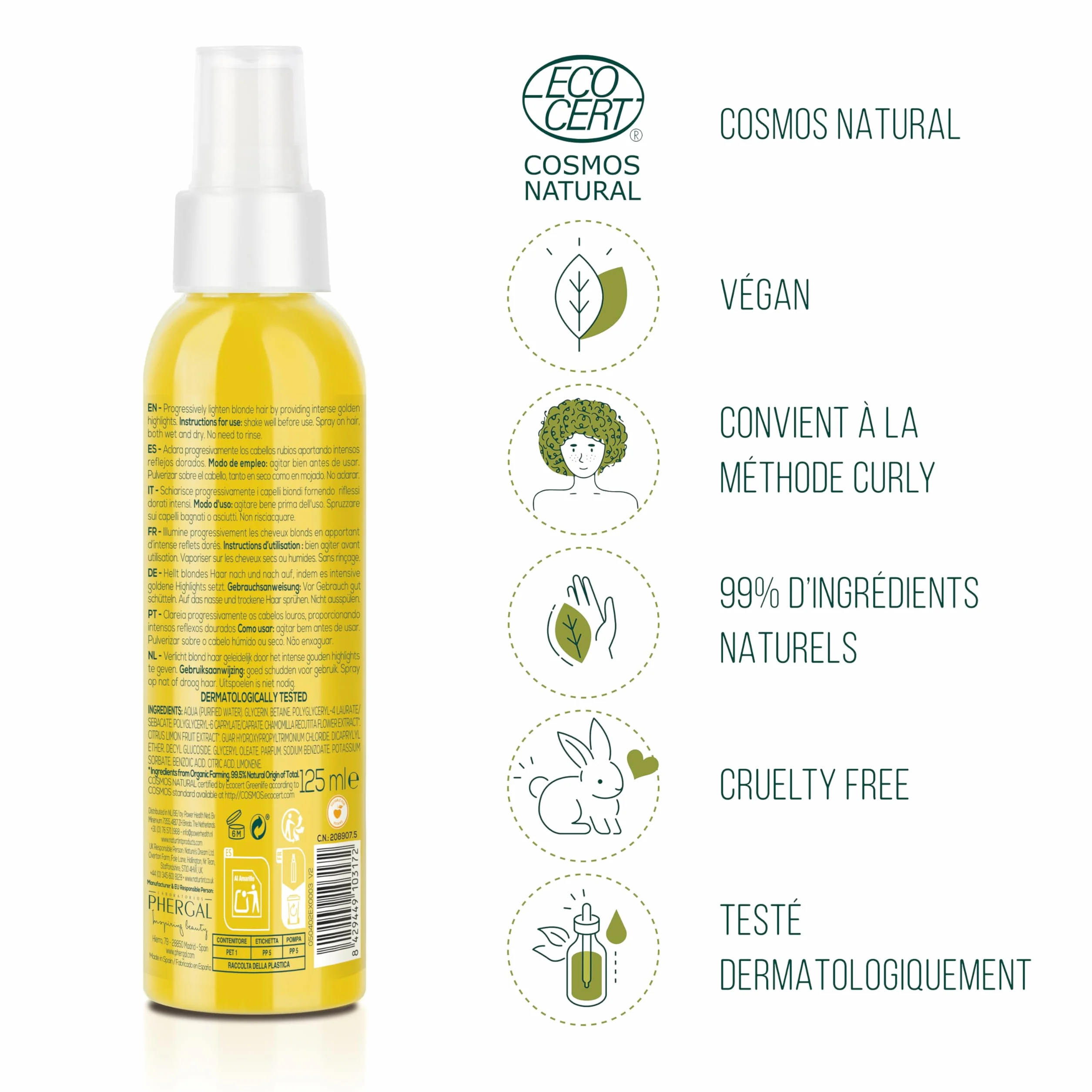 Naturtint Loción de Camomila Aclara Cabello Reflejos Dorados Protector Solar ECOCERT 99,5% Ingredientes Naturales 125ml