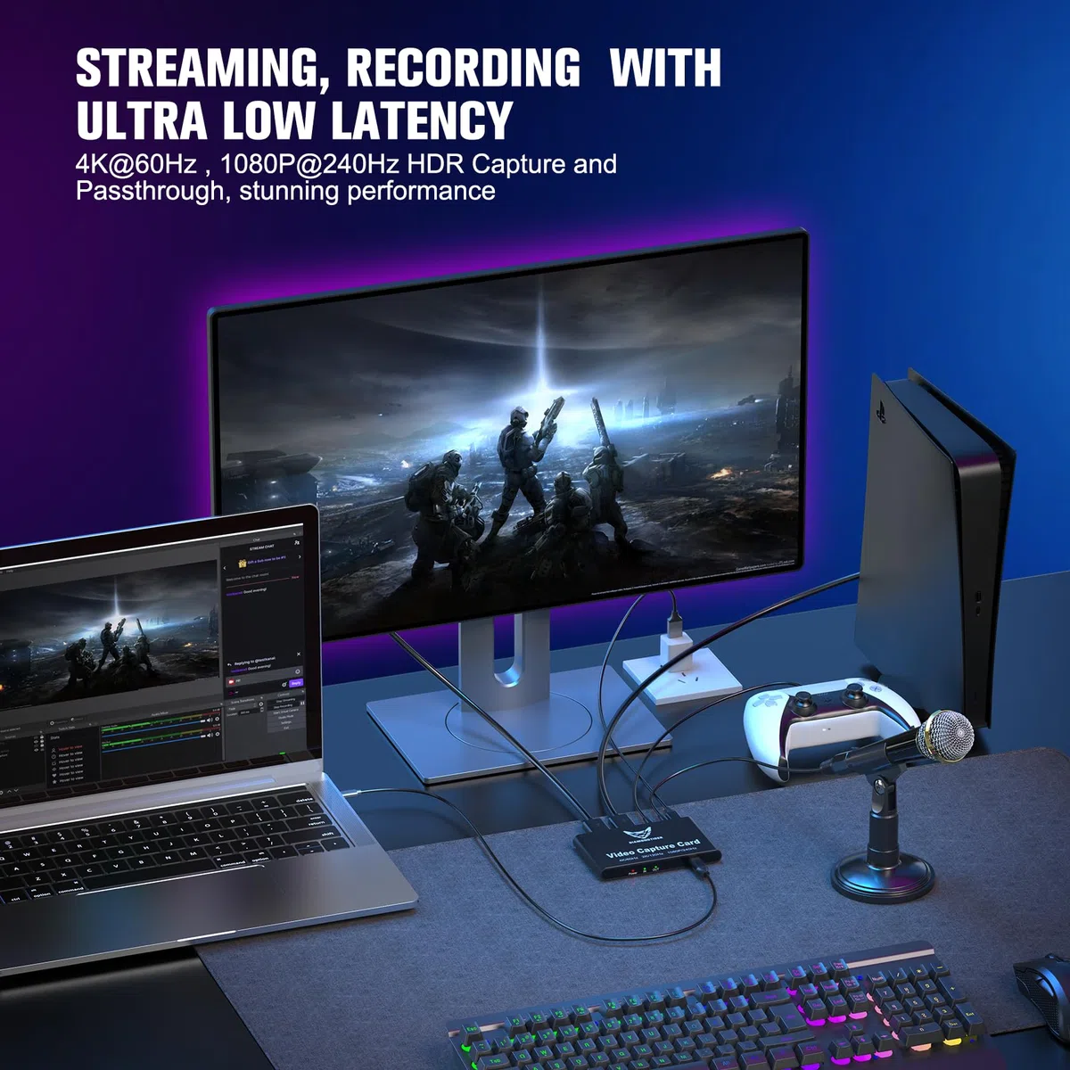 Carte de capture vidéo 4K 60 Hz, 1080p 240 Hz avec passthrough HDR VRR, enregistreur USB 3.2 Type-C sans décalage pour PS5, Xbox Series X/S, Nintendo Switch, PC, OBS, Twitch