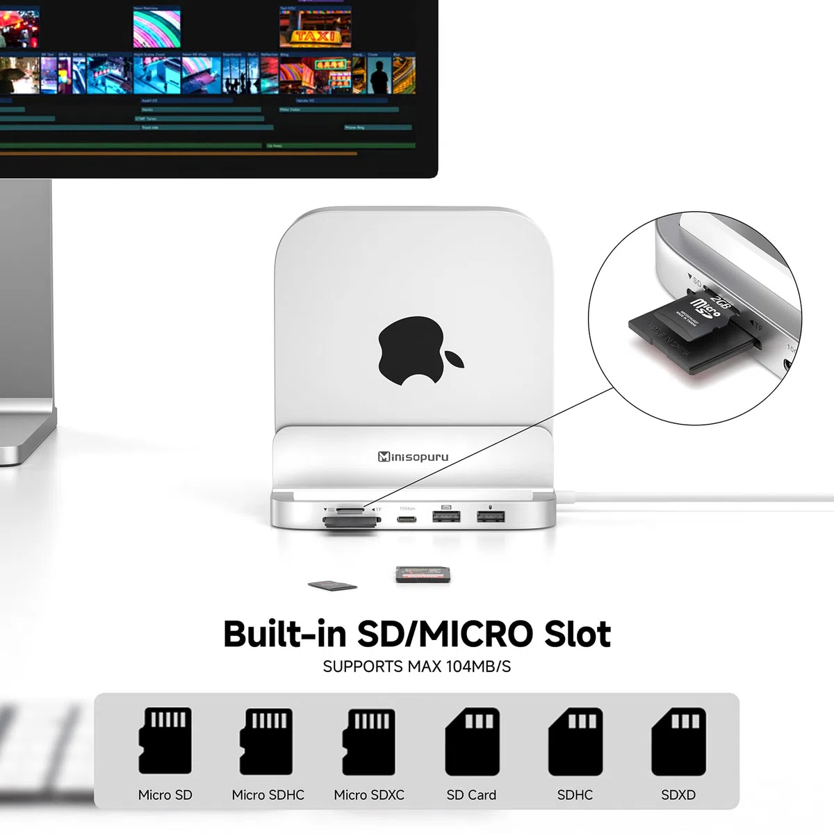 Minisopuru MINI218B Max Mac Mini M4 Dock Support 4K@60 HDMI,10Gbps USB C/A, TF/SD, 2X USB A 2.0, Mac Mini hub & Stand avec 8TB M.2 NVMe SSD (Non Inclus) pour M4 et M4 Pro