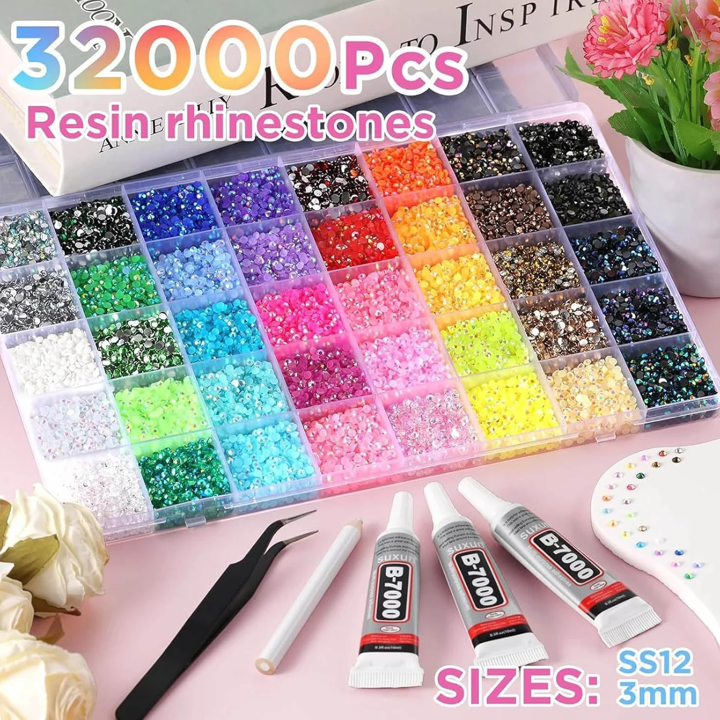 Lot de 32 000 Strass en Résine Bedazzling Kit - 40 Couleurs 3 mm Strass Ongle Nail Art - Diamants en Cristal À Dos Plat