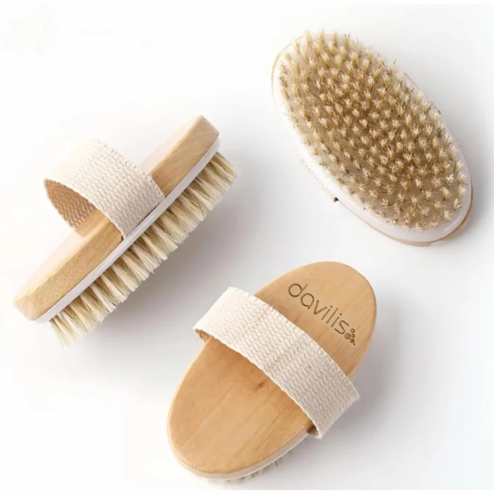 Davilis Brosse pour le corps exfoliant en bois poils naturels élimine cellulite peau morte drainage lymphatique circulation
