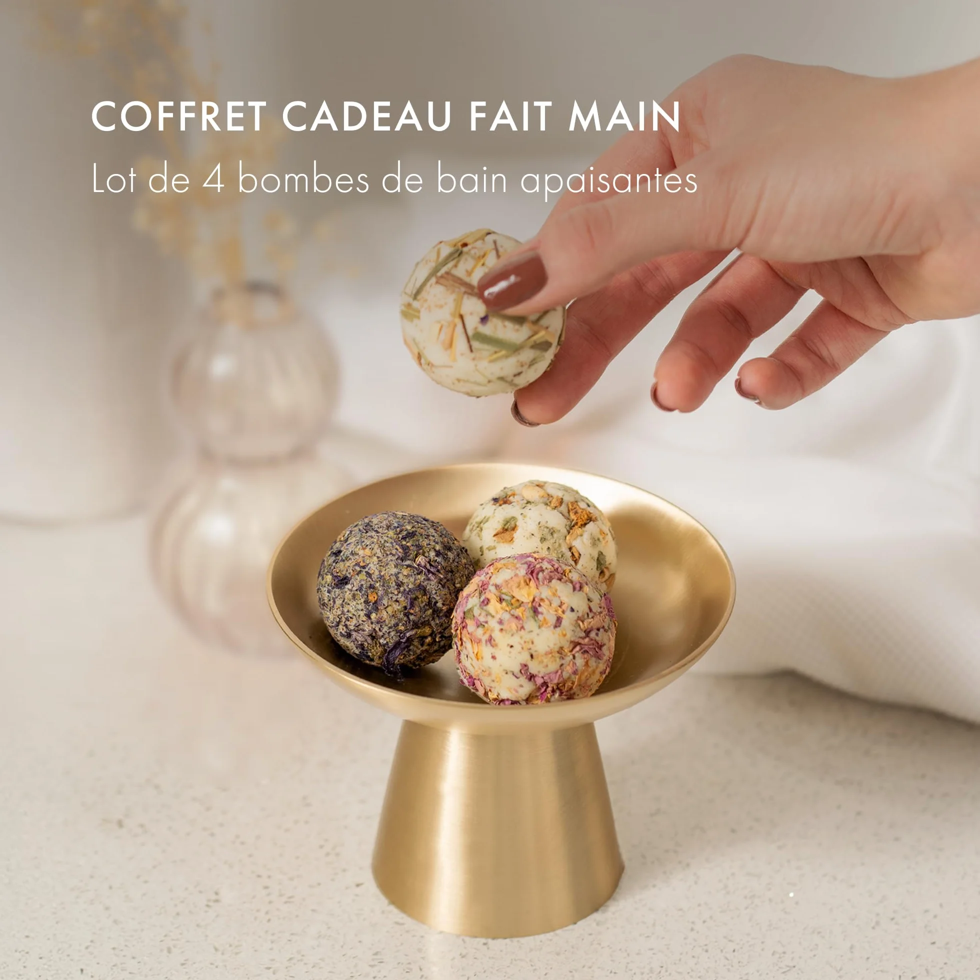 Satin Naturel Coffret 4 Bombes de Bain BIO Luxueuses Vegan – Cadeau Bien-Être pour Femme