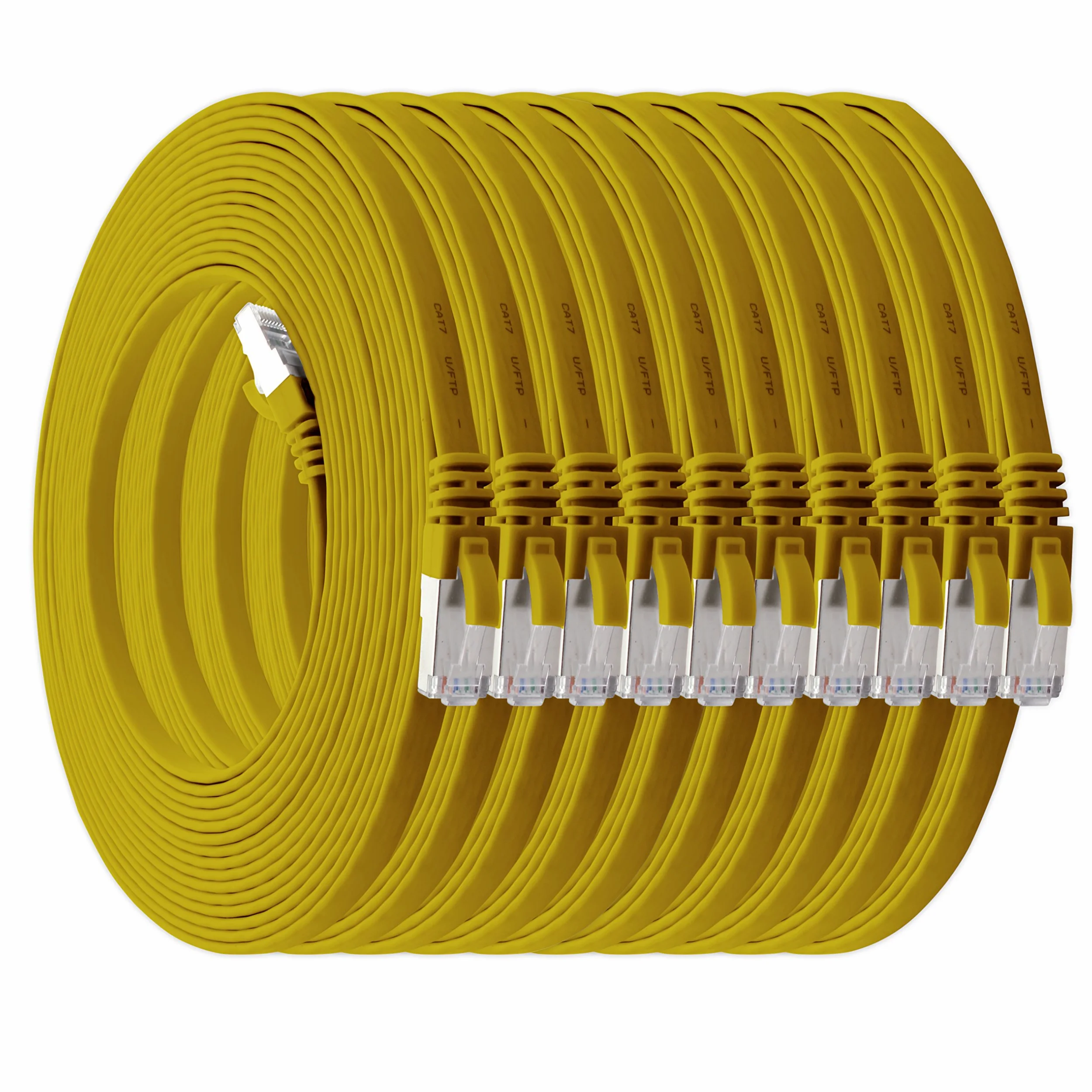 7,5 m - jaune - lot de 10 câbles réseau plats Cat7 câble brut Cat 7 câble ruban Gigabit Lan (10Gbit/s) câble d'installation câble patch plat mince fiche Rj 45 Cat6a