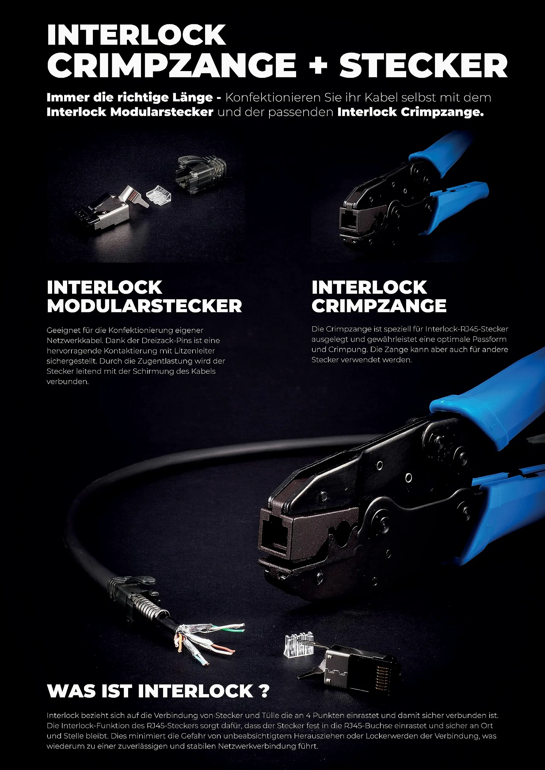 1aTTack.de - Pince à sertir pour fiches modulaires RJ45, interlock, câbles réseau Flex Armor
