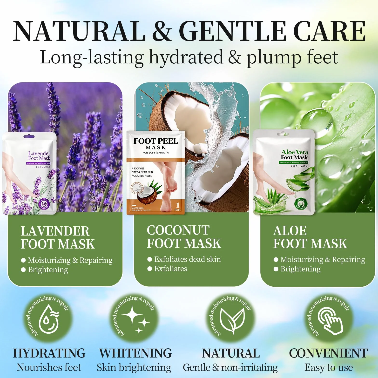 Lot de 3 Paires Masque Pieds Peeling Exfoliant Hydratant, Retirer Peaux Mortes et Callosités - Lavande, Aloé Vera, Coco