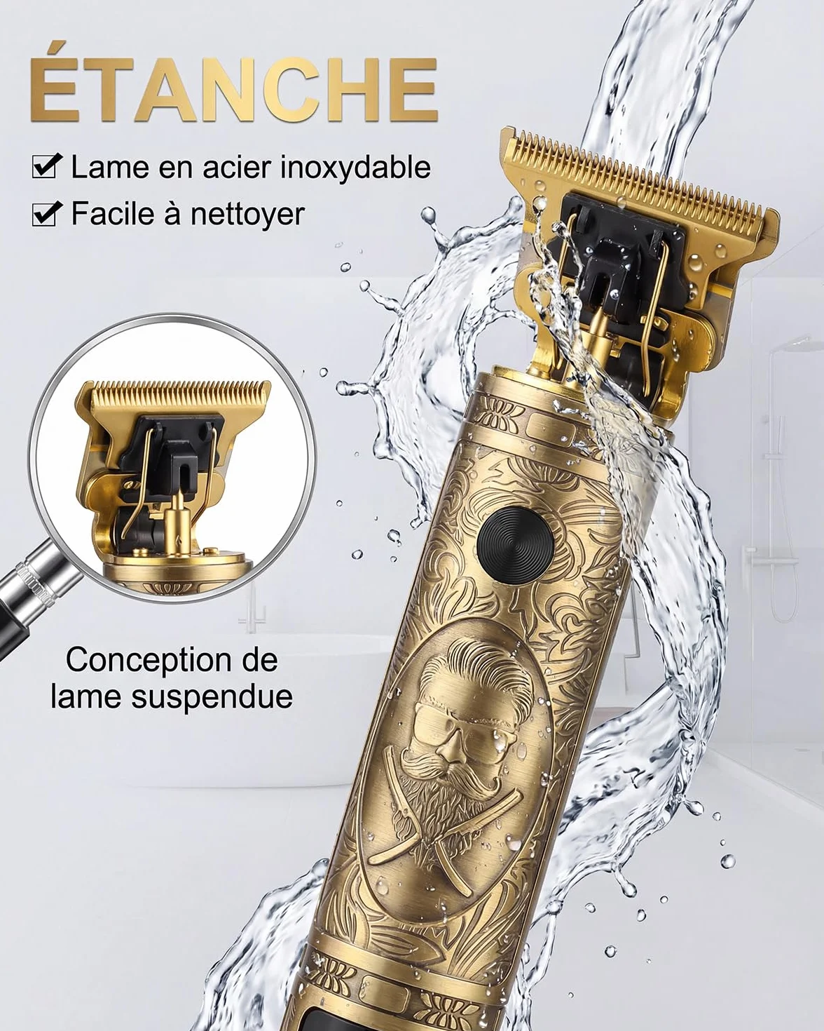Tondeuse Cheveux Homme Sans Fil IPX7 Étanche avec Écran LED, Tondeuse Barbe Zéro écart Rechargeable Professionnelle