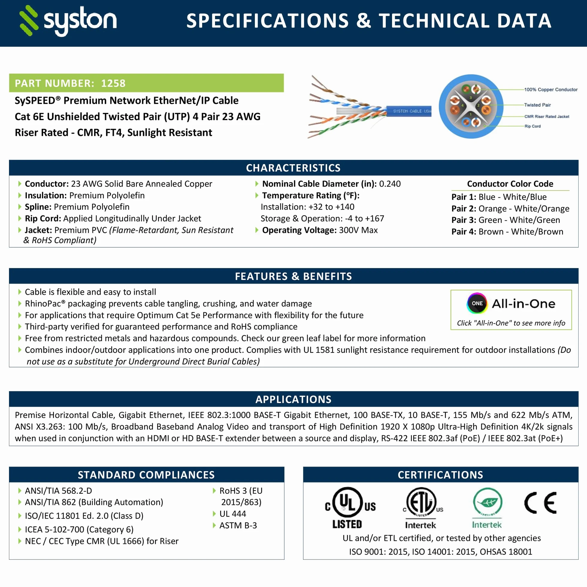 Syston Cable Technology Câble Ethernet Cat6(e) 23 AWG 4 pr Cuivre nu massif brut 600 MHz 30,5 m Extérieur/intérieur Résistant à la chaleur Riser évalué CMR Gris sans extrémités 3 m à 3000 m disponible
