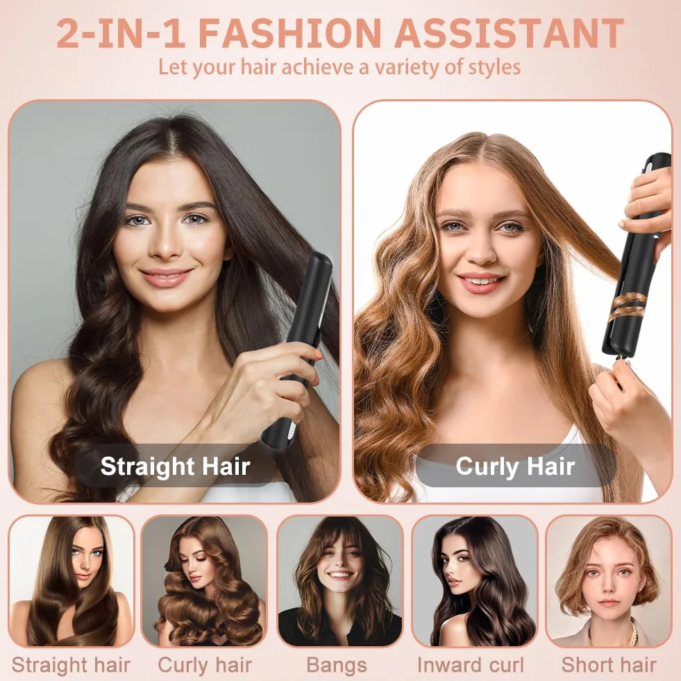 Lisseur Cheveux Sans Fil 2 en 1 Céramique 4 Températures Réglable 140°C-200°C Noir