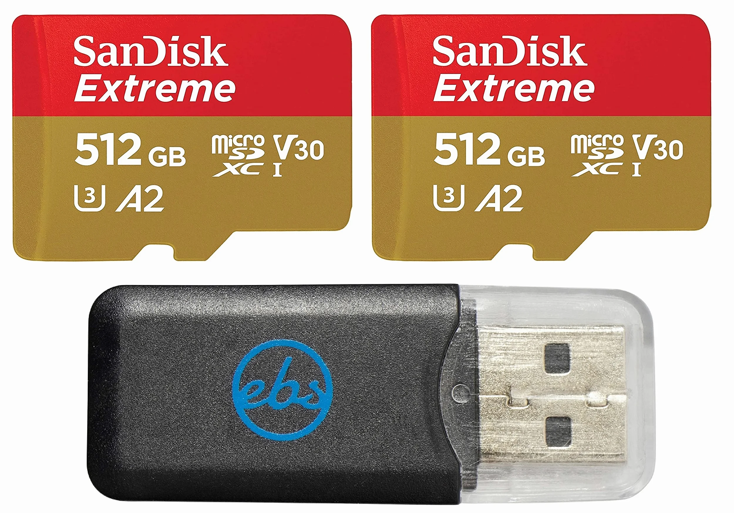 SanDisk Micro Extreme SDXC UHS-I U3 V30 Lot de 2 cartes mémoire SDXC UHS-I U3 V30 avec 1 lecteur de carte micro SD Everything But Stromboli Noir 512 Go