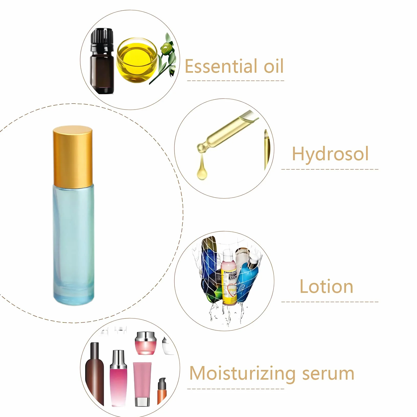 Flacons à Bille pour Huiles Essentielles 10ml, Lot de 12 Bouteilles Roll-on en Verre Mixte avec Couvercle Or et Rouleau en Acier Inoxydable