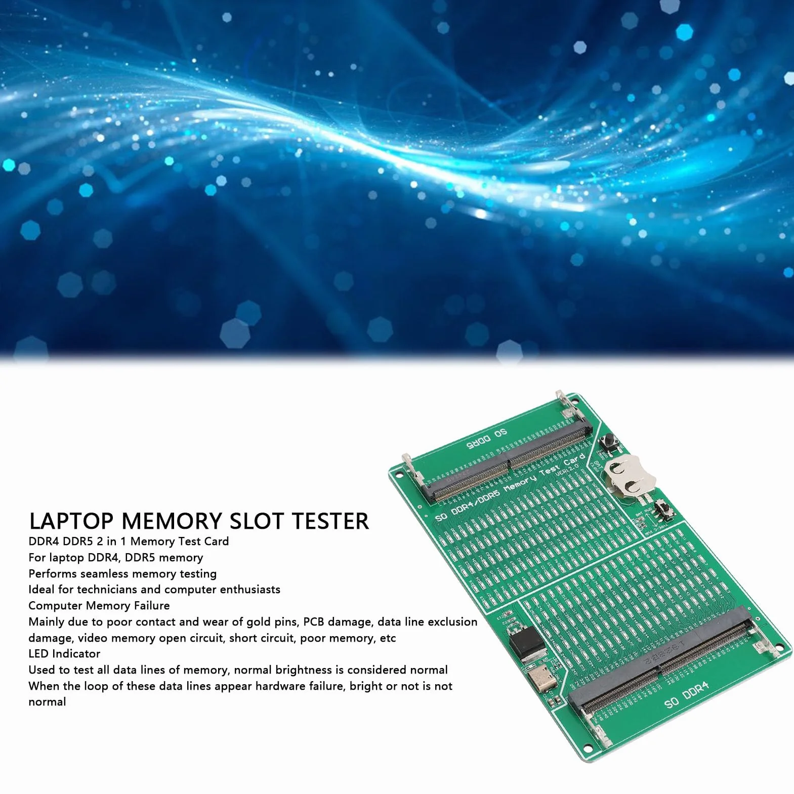 Testeur de Mémoire DDR4 DDR5 2 en 1 Carte de Test avec Indicateur LED pour Ordinateur Portable