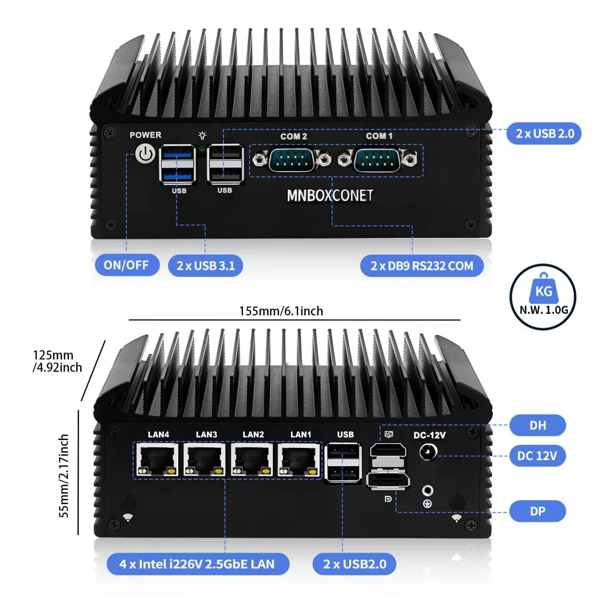 Fanless Mini PC N150 Firewall Appliance Industrial Micro Bureau, 4 x 2.5Gbit LAN + 2 RS232 COM, 8GB RAM 128GB NVME SSD, 6USB, Router/Home Computer Hardware, HD DP Dual Dispaly