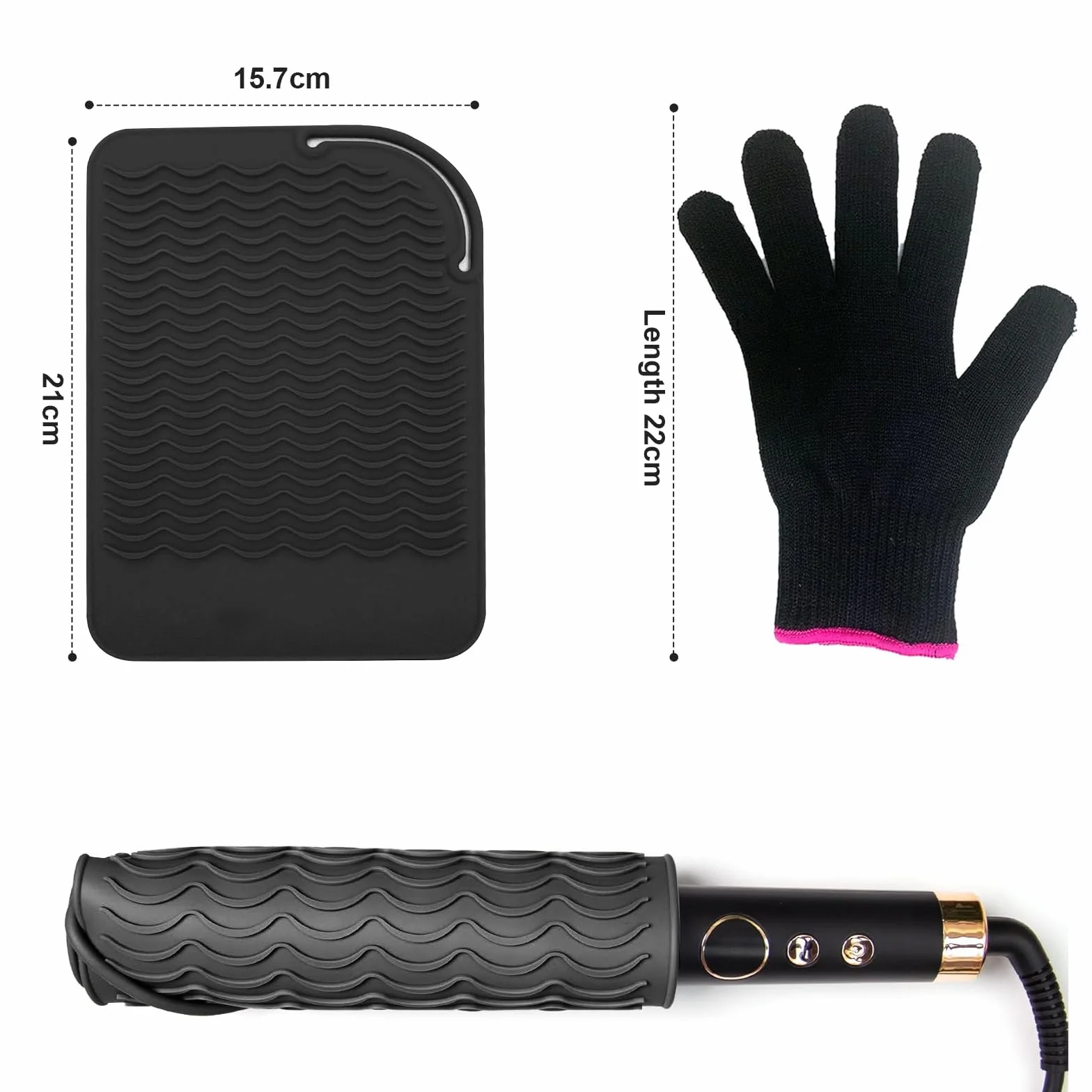 Ensemble de Protection Thermique pour Lisseur et Boucler Tapis Silicone Antidérapant Gant Résistant Chaleur Noir